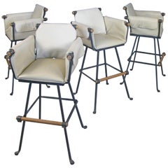 Set of Four Iron and Oak Swivel Barstools by Cleo Baldon