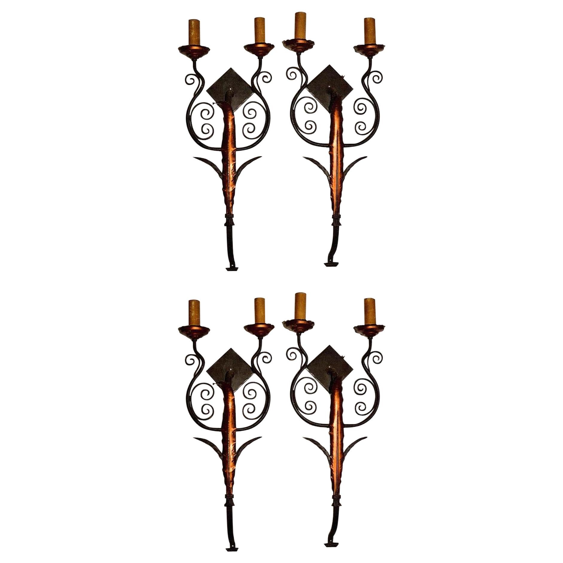 Set of Four Iron and Sheet Metal Wall Sconces, circa 1920s