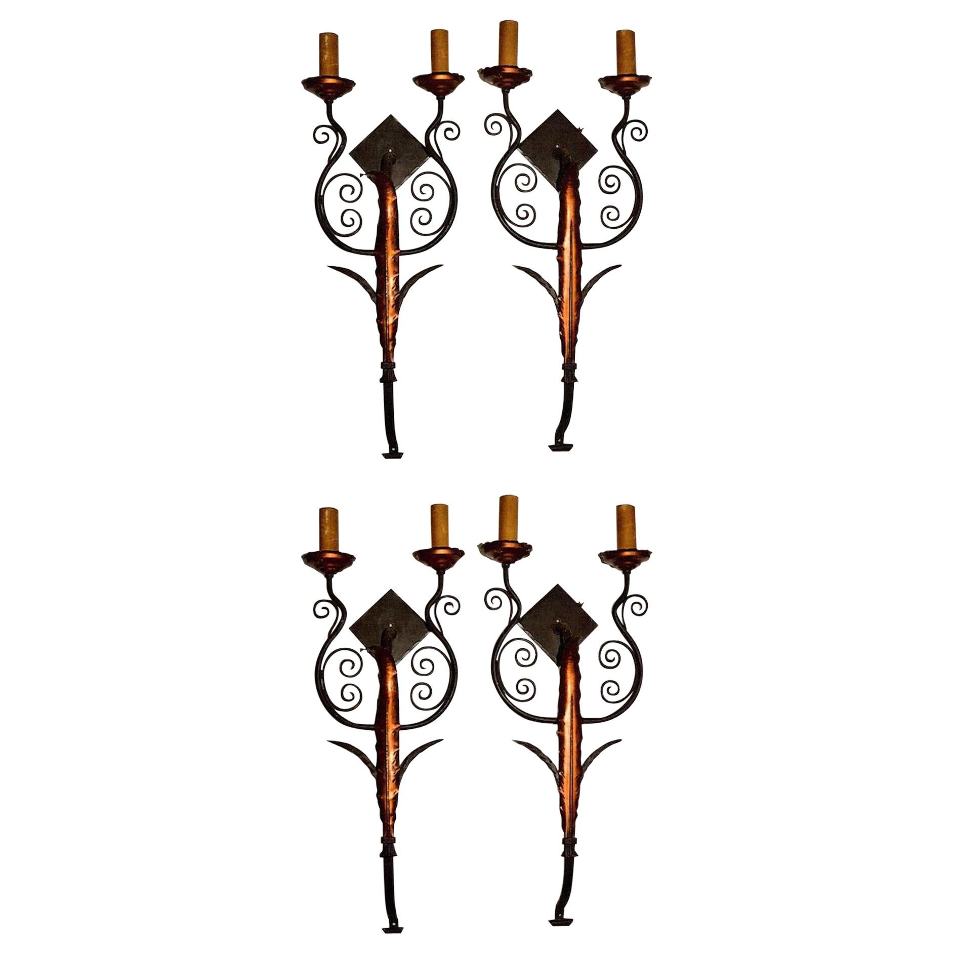 Set of Four Iron and Sheet Metal Wall Sconces, circa 1920s