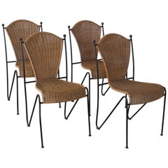 Set of Four Iron and Wicker Chairs, France, 1950s