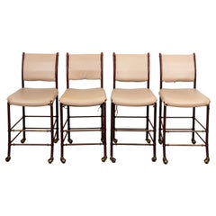 Set of Four Iron Bar Stools with Leather Cushions