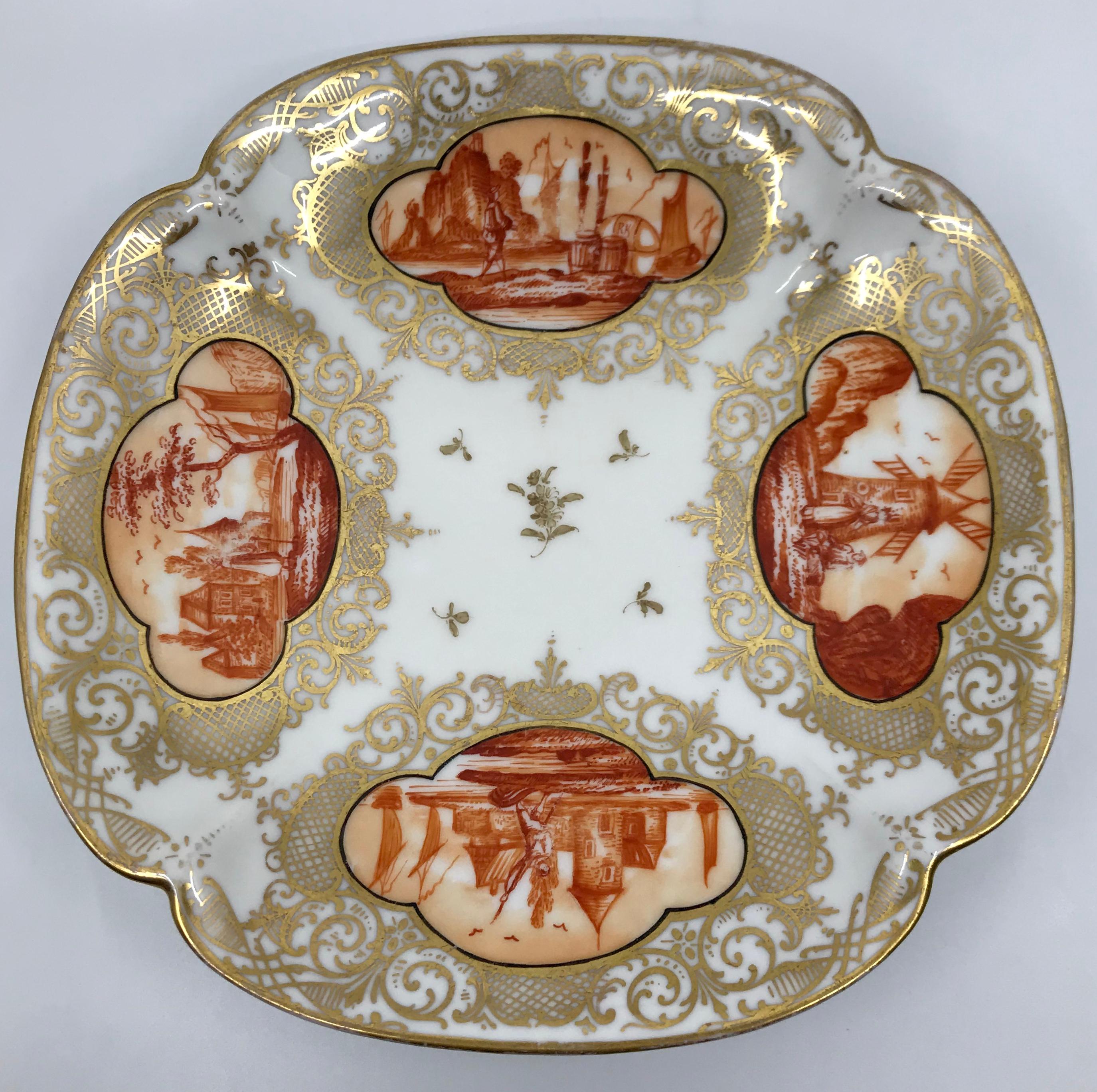 German Set of Four Orange and Gilt Painted Plates For Sale