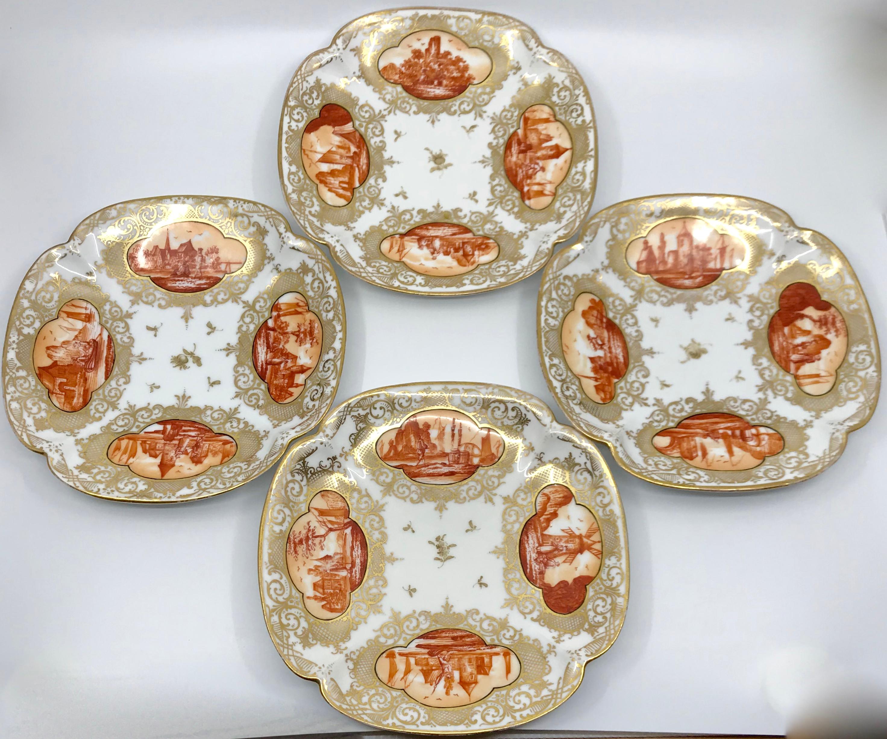 XIXe siècle Ensemble de quatre assiettes peintes en orange et doré en vente