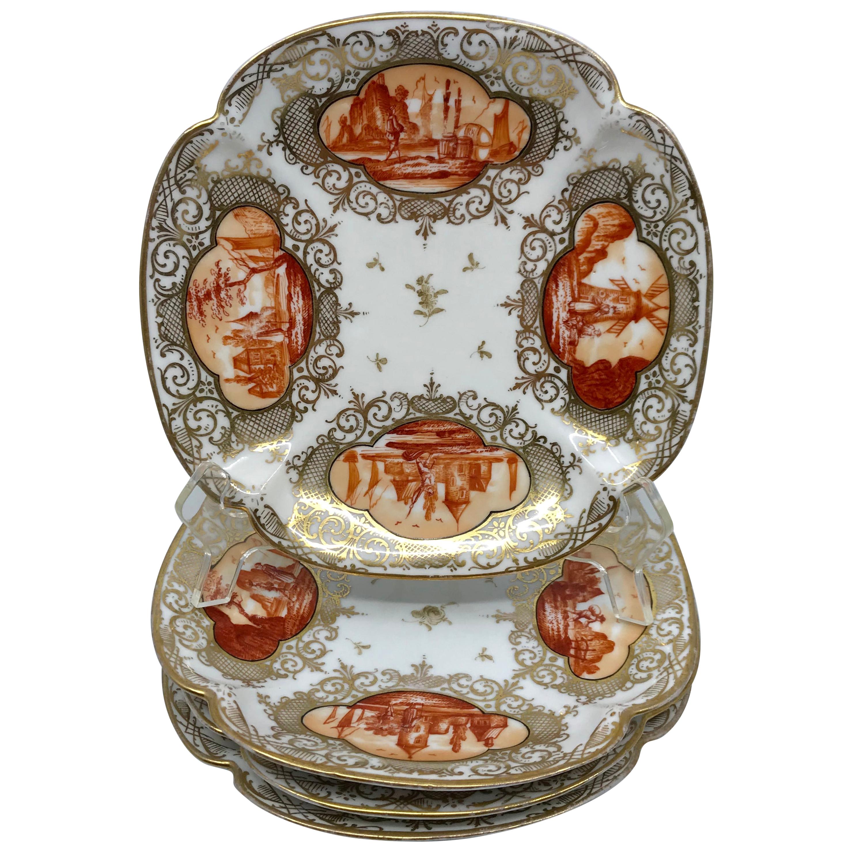 Set of Four Orange and Gilt Painted Plates For Sale