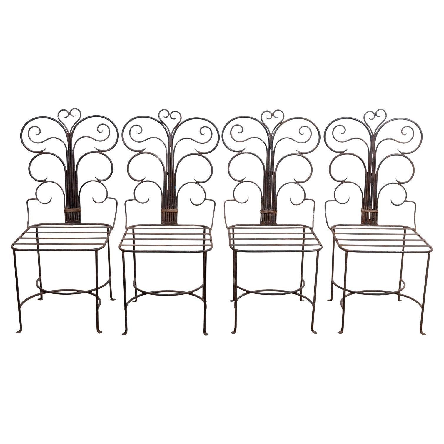Set of Four Iron Scroll Back Chairs For Sale
