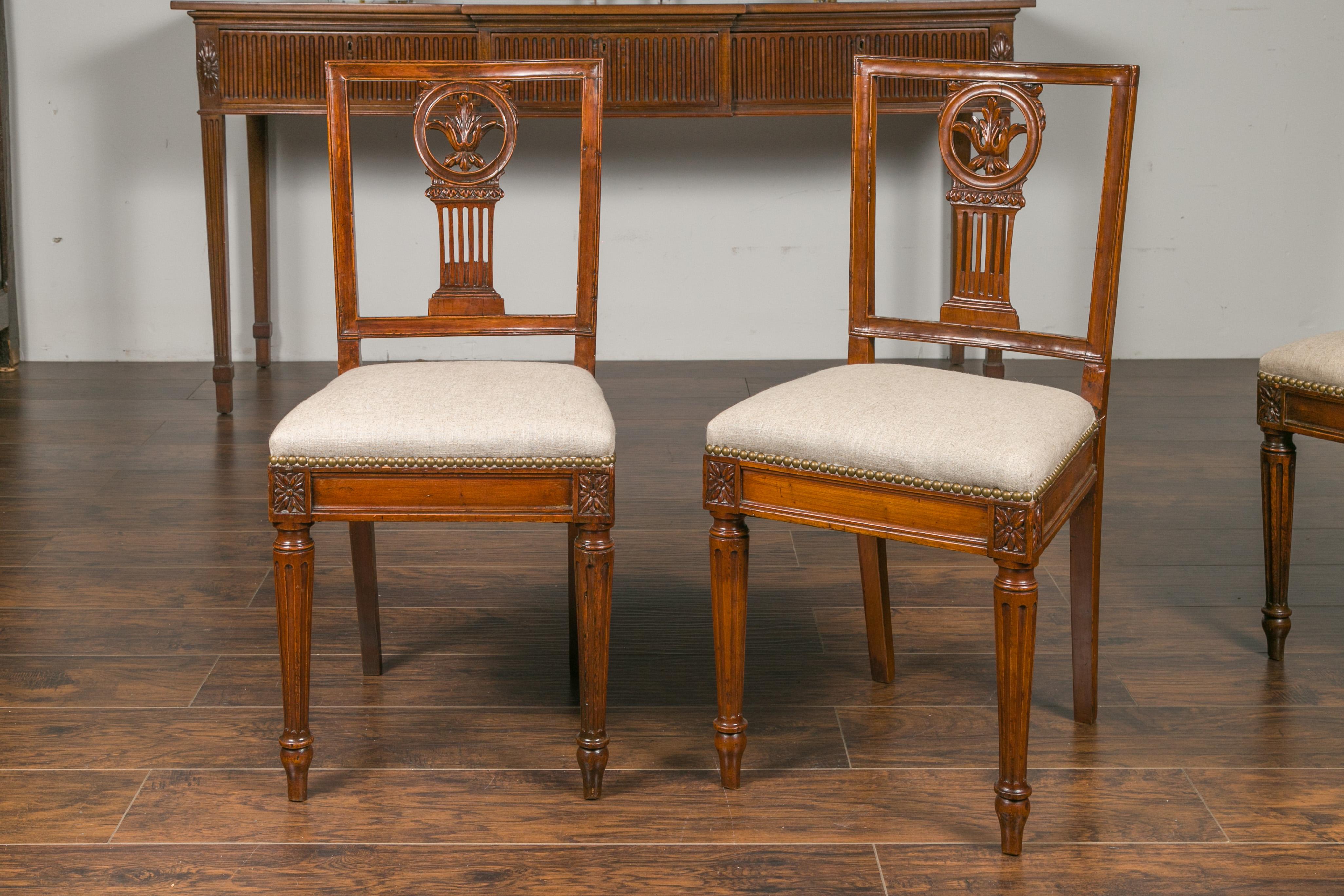 Upholstery Set of Four Italian 1820s Neoclassical Dining Room Chairs with Carved Splats For Sale