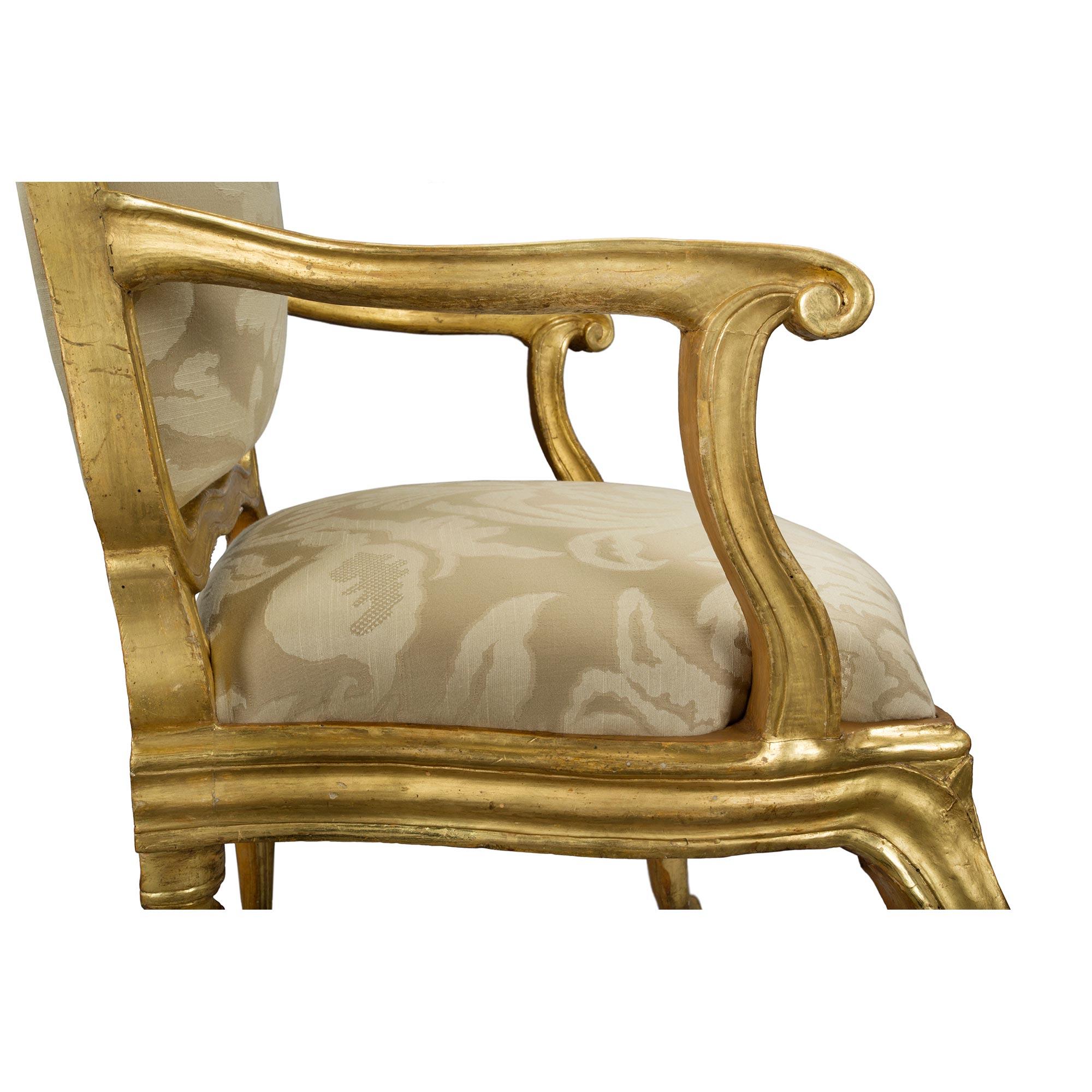 Set of Four Italian 18th Century Transitional Period Giltwood Armchairs For Sale 2