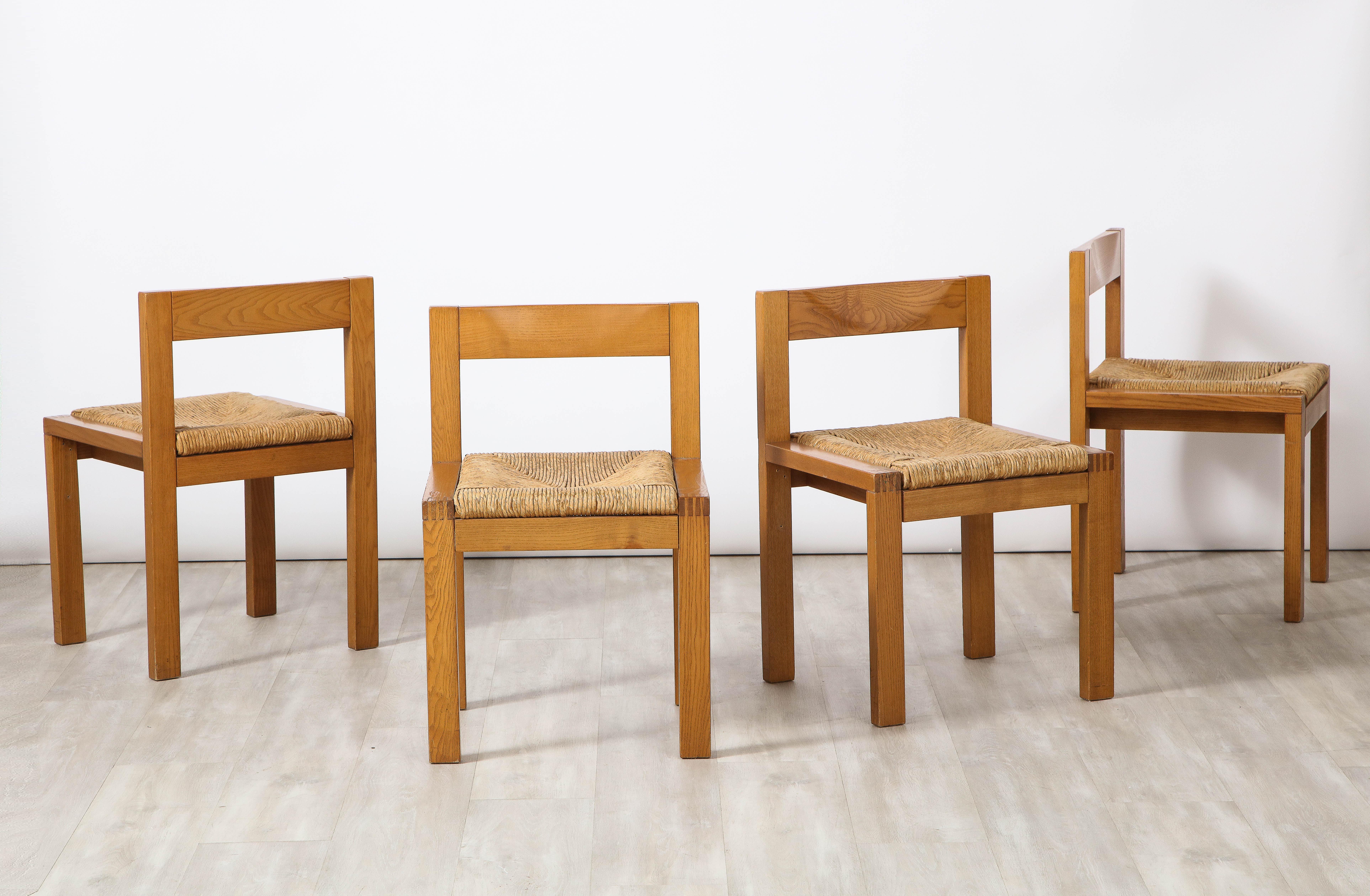 Set of Four Italian 1950's Oak and Rush Seat Dining Chairs For Sale 6