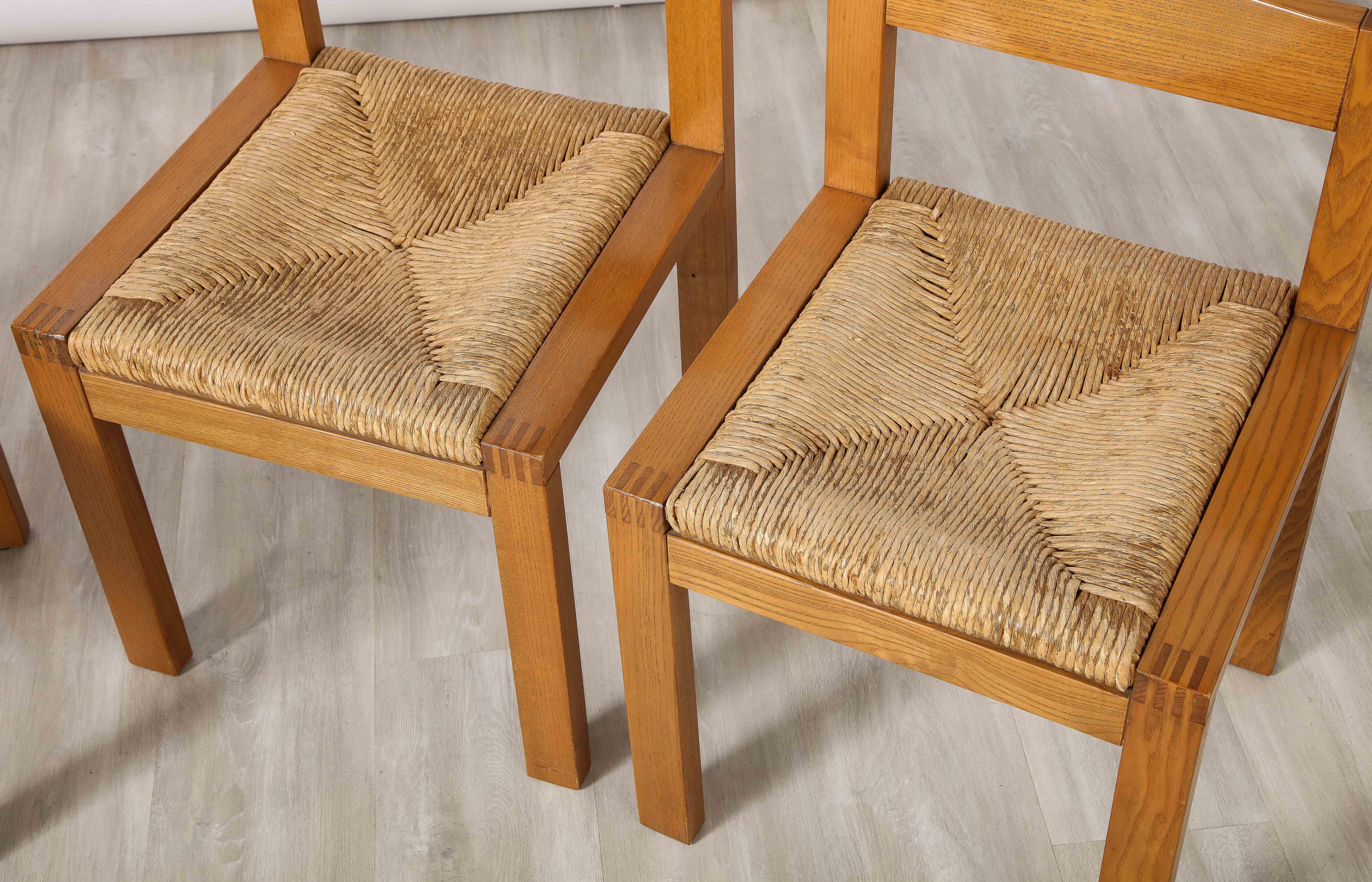 Set of Four Italian 1950's Oak and Rush Seat Dining Chairs For Sale 7