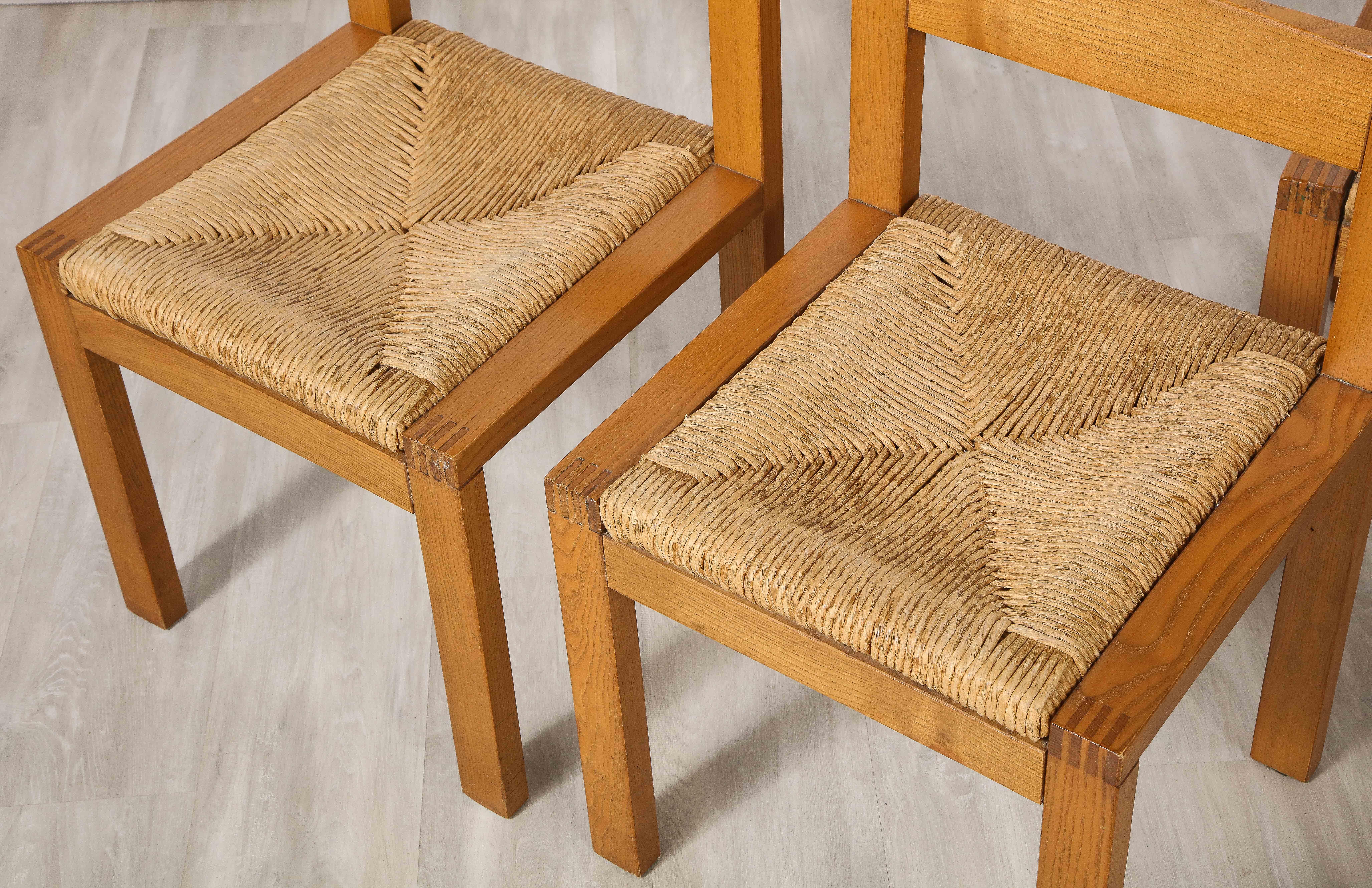 Set of Four Italian 1950's Oak and Rush Seat Dining Chairs For Sale 8