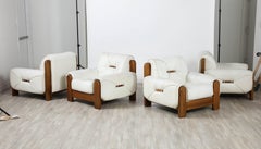 Set of Four Italian 1970's Walnut and White Leather Lounge Chairs