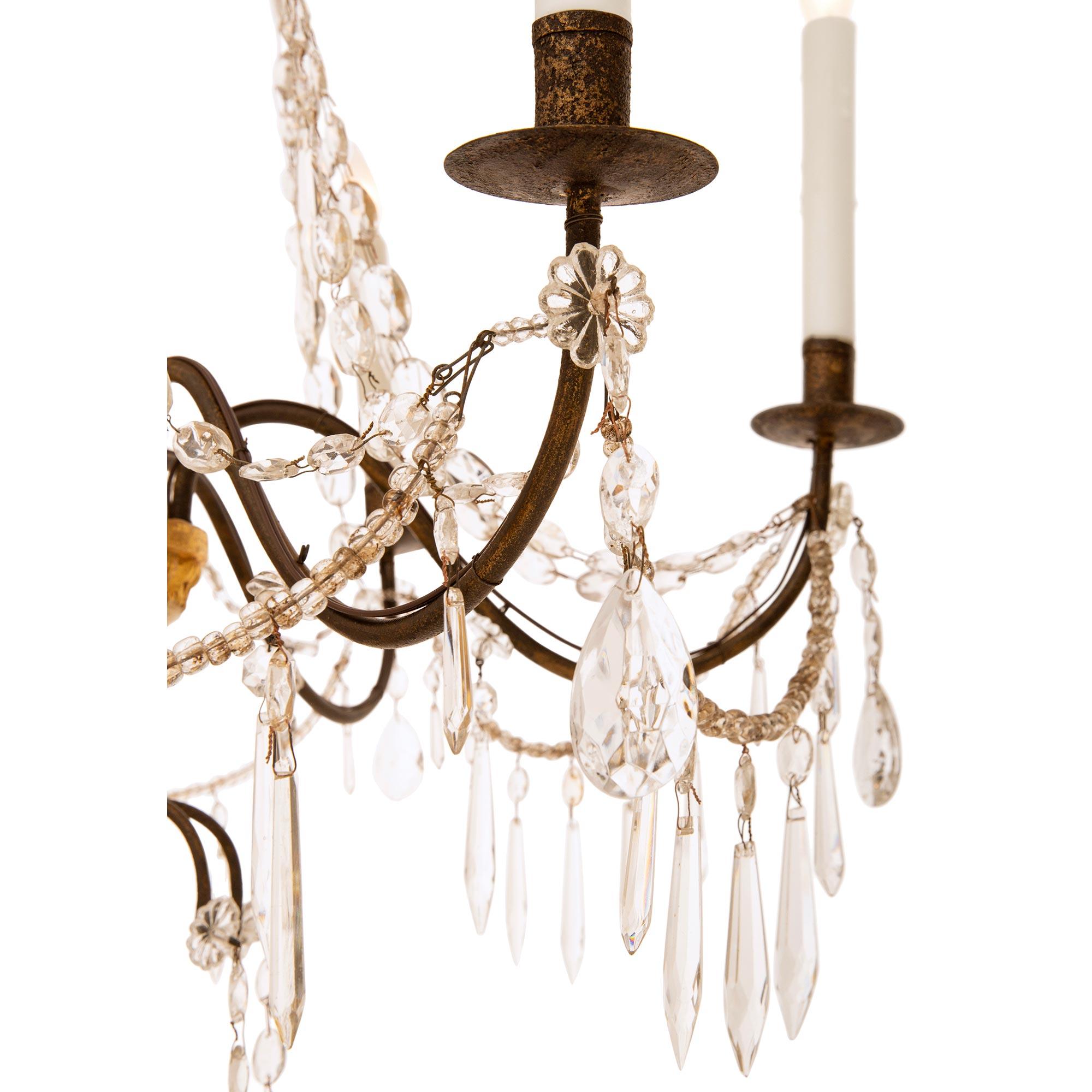 Set of four Italian 19th century Crystal, Giltwood, and Wrought Iron chandeliers For Sale 3