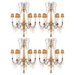 Antique Set of four Italian 19th century Crystal, Giltwood, and Wrought Iron chandeliers