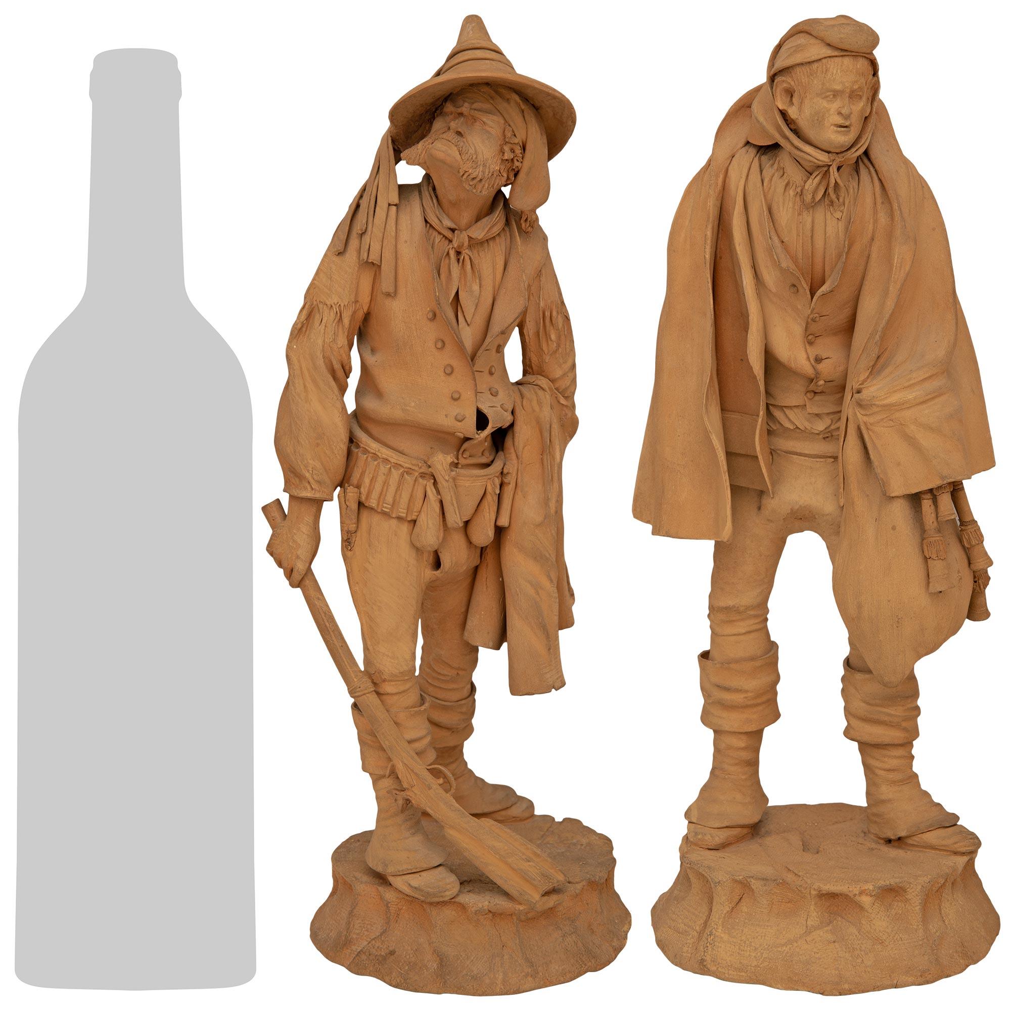 A sensational set of four Italian 19th century Terra Cotta statues. Each of the four wonderful statues showcases a man wearing period attire and seemingly caught in a pose while performing a particular task of the day, while all being raised on a