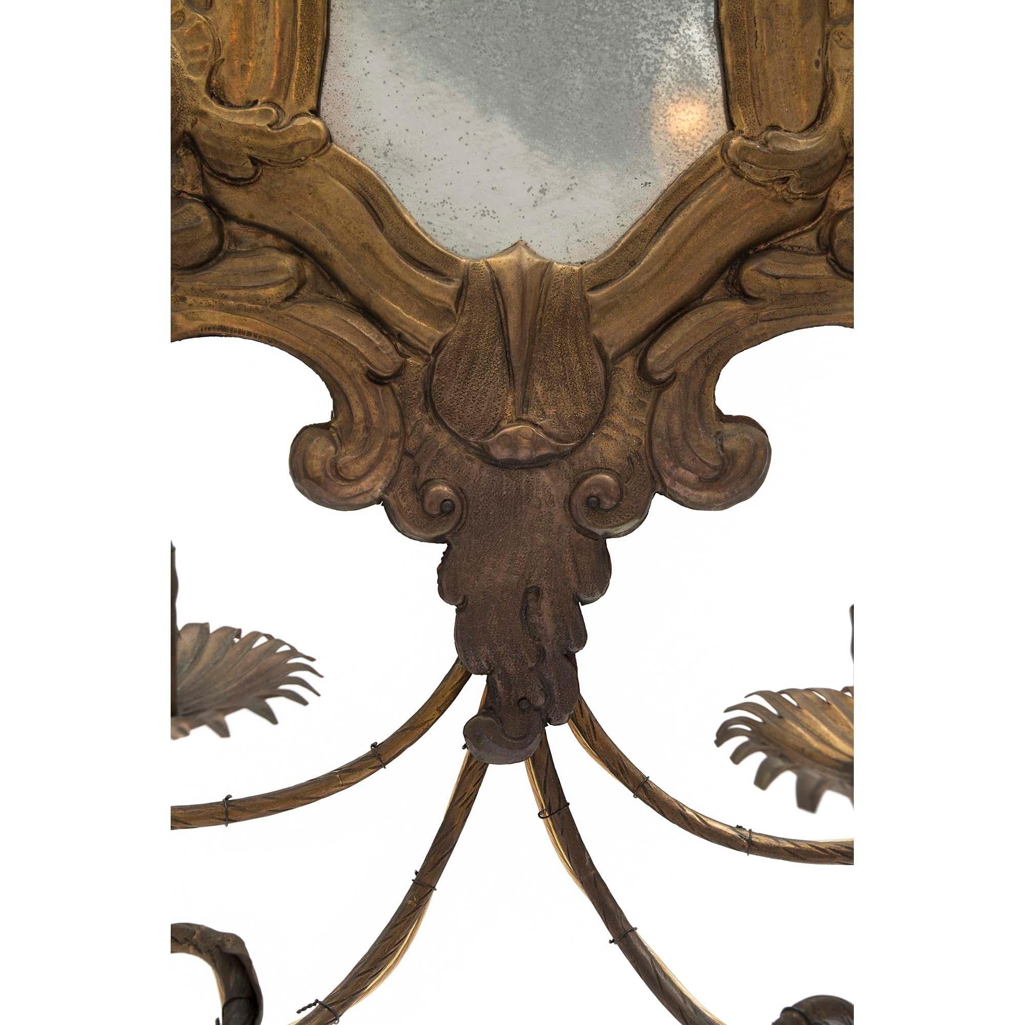 Set of Four Italian 20th Century Louis XV St. Pressed Brass Mirrored Sconces For Sale 2