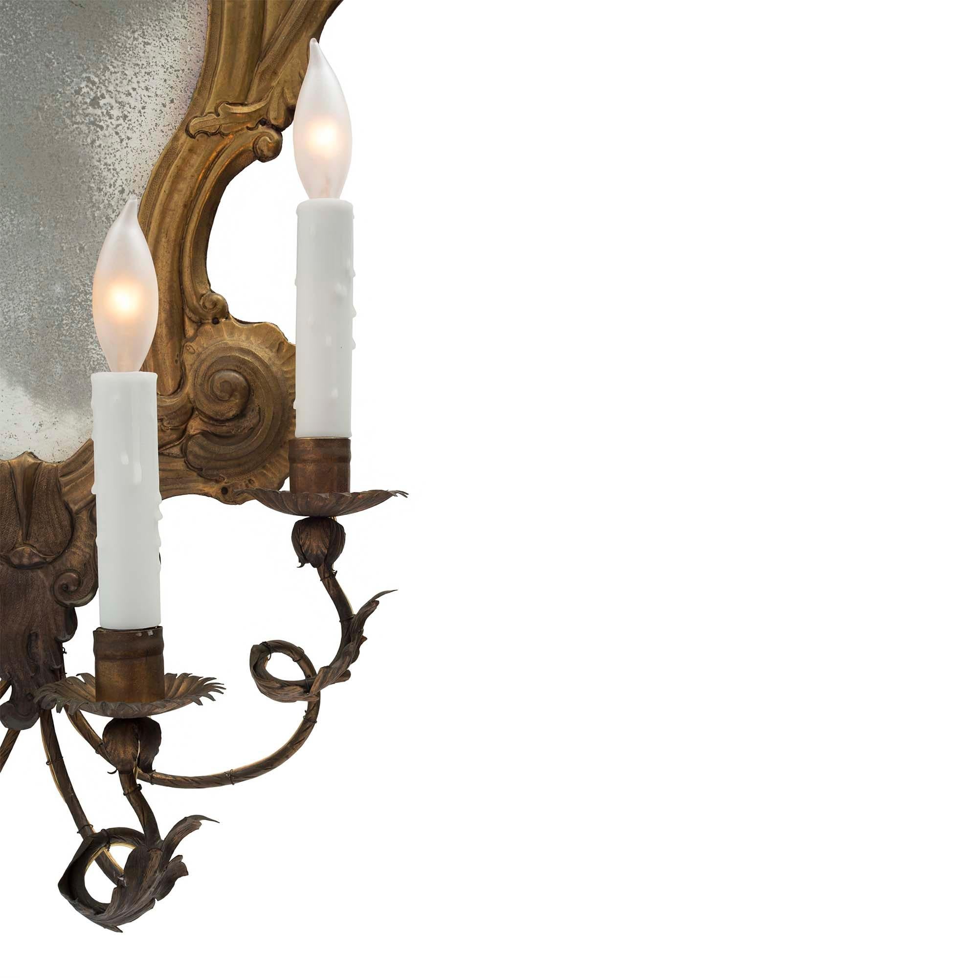 Set of Four Italian 20th Century Louis XV St. Pressed Brass Mirrored Sconces For Sale 3