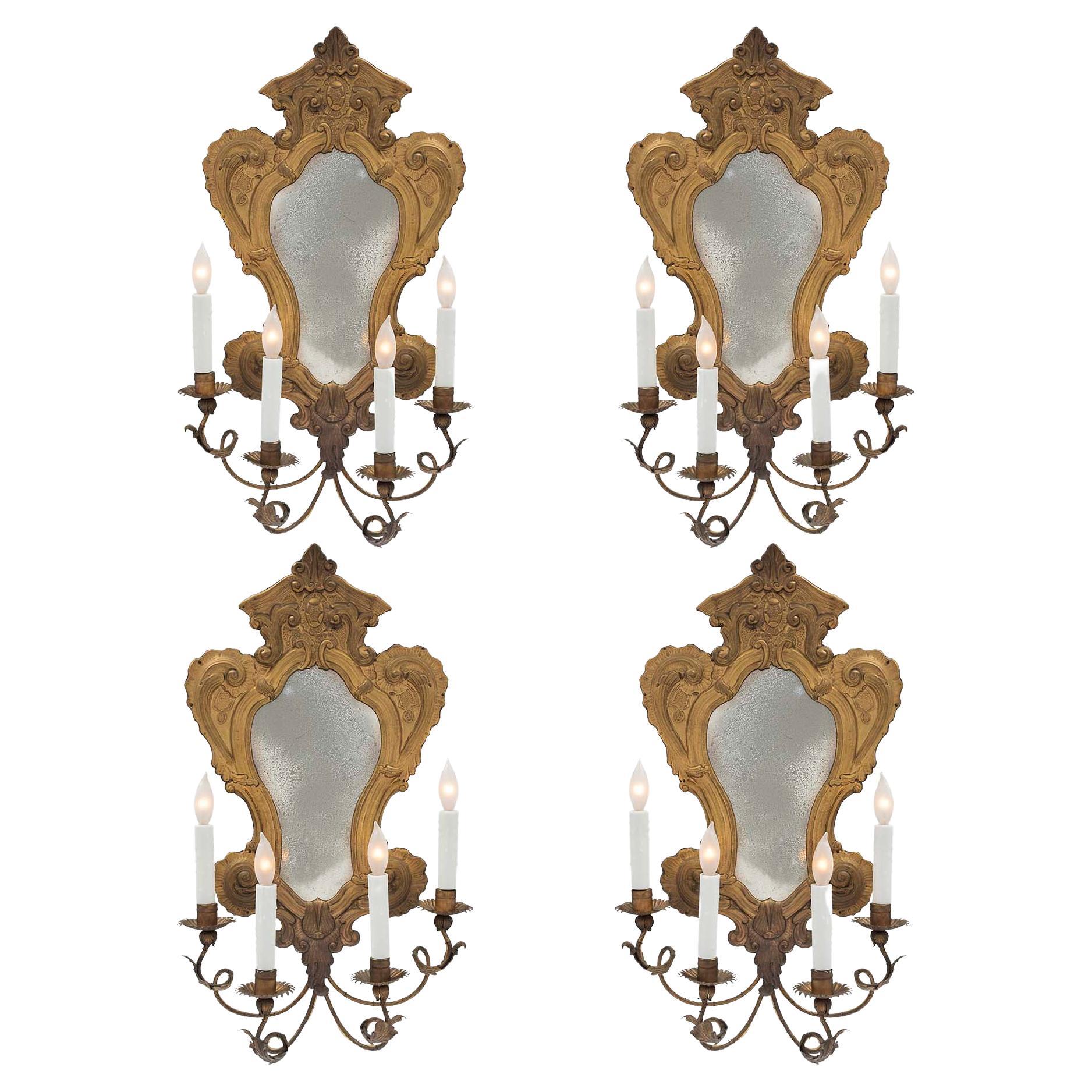 Set of Four Italian 20th Century Louis XV St. Pressed Brass Mirrored Sconces