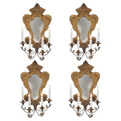 Set of Four Italian 20th Century Louis XV St. Pressed Brass Mirrored Sconces