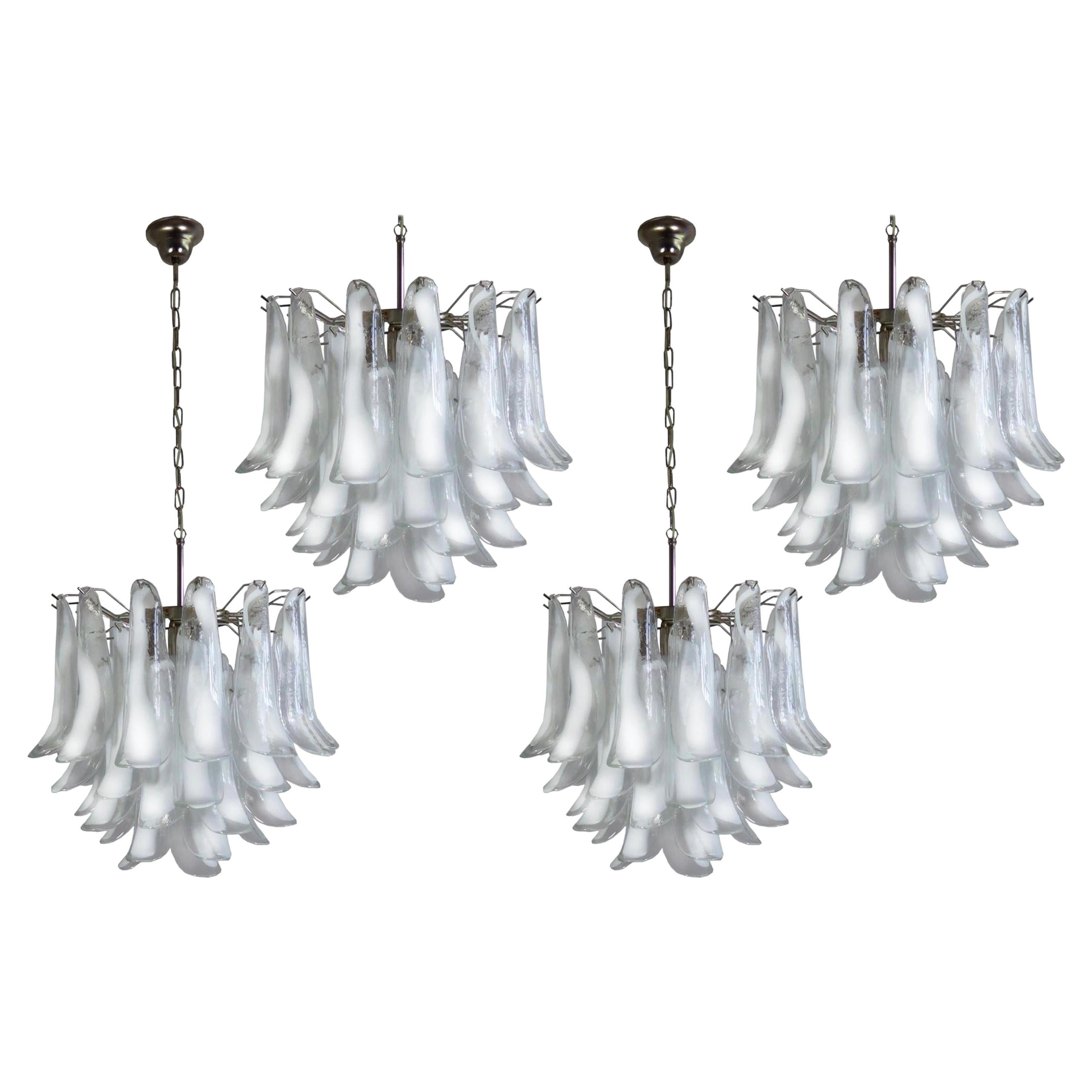 Set of Four Italian 41 White Petal Murano Chandeliers, Mazzega Style