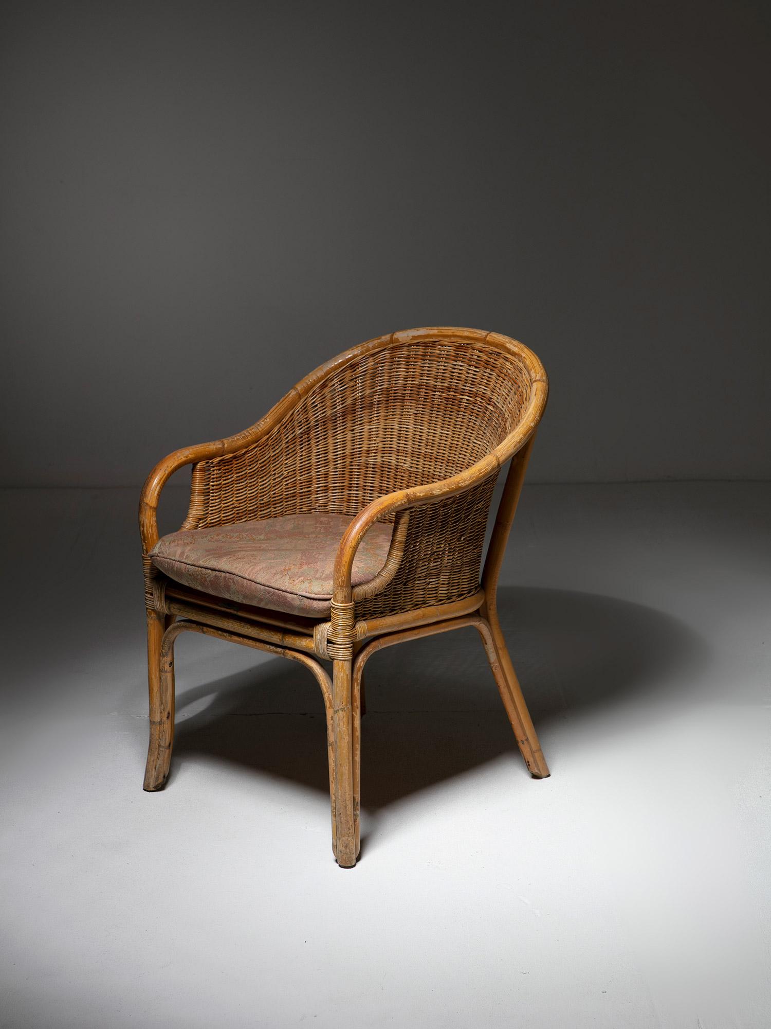 Osier Ensemble de quatre fauteuils en osier italien des années 60 en vente