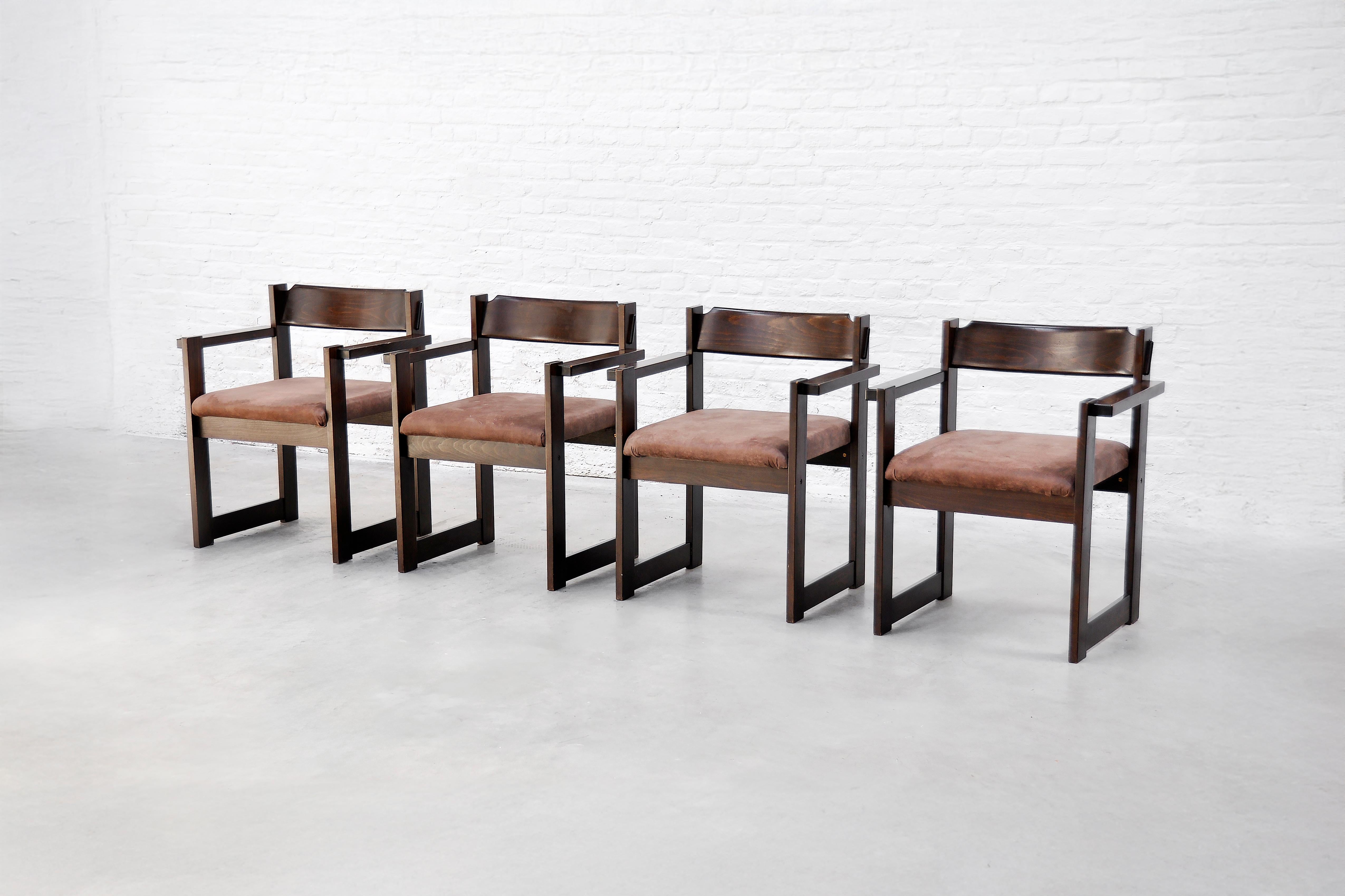 Mid-Century Modern Set of Four Italian Architectural Dining Chairs in Stained Wood, 1960s
