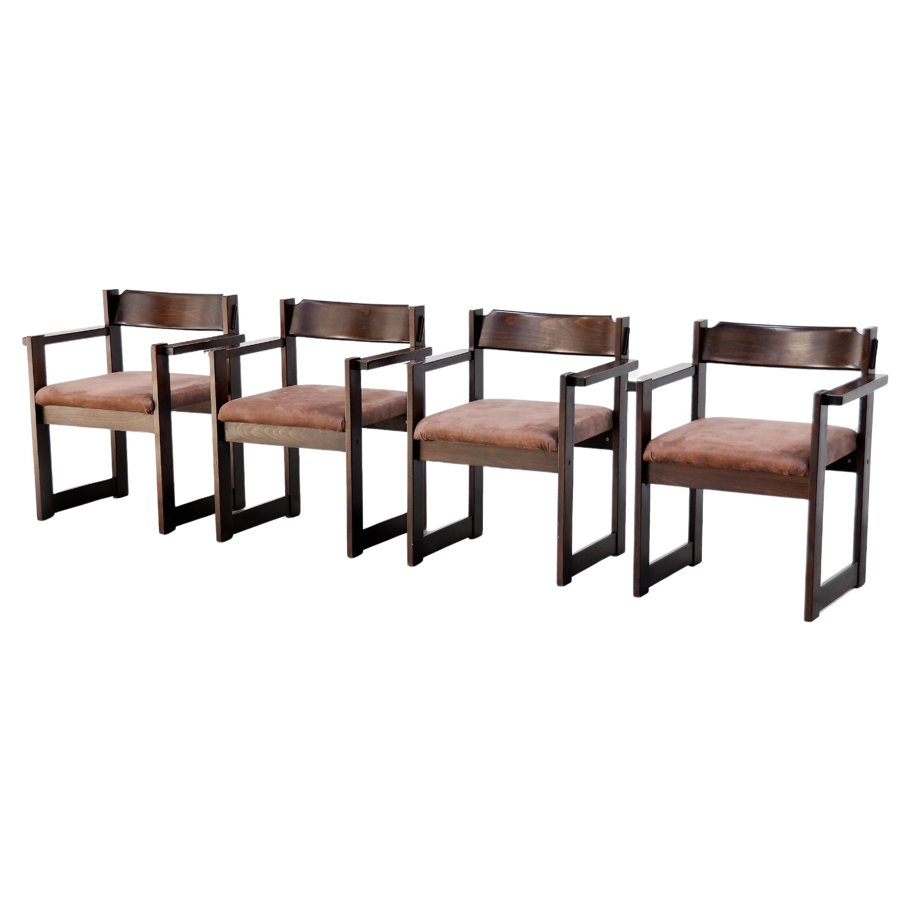 Set of Four Italian Architectural Dining Chairs in Stained Wood, 1960s