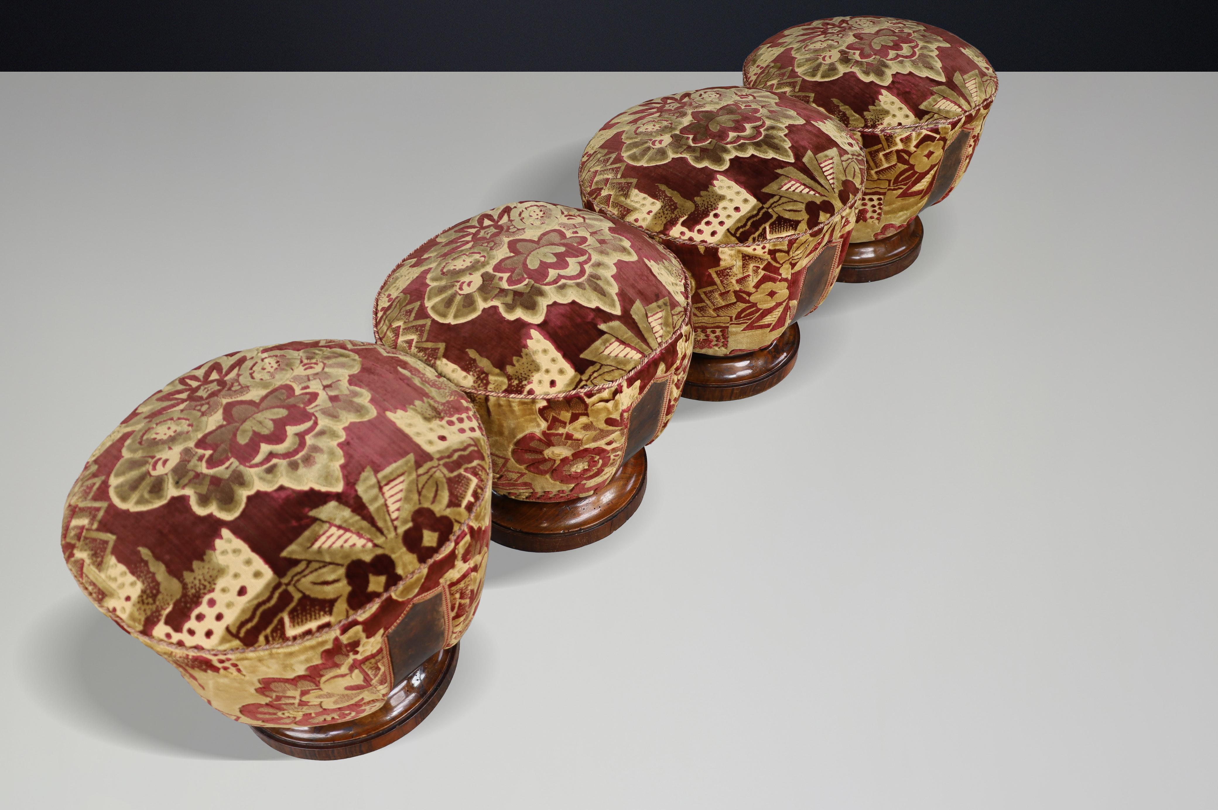 Upholstery Set of Four Italian Art Deco Walnut and Velvet Poufs, Naples, 1930s For Sale
