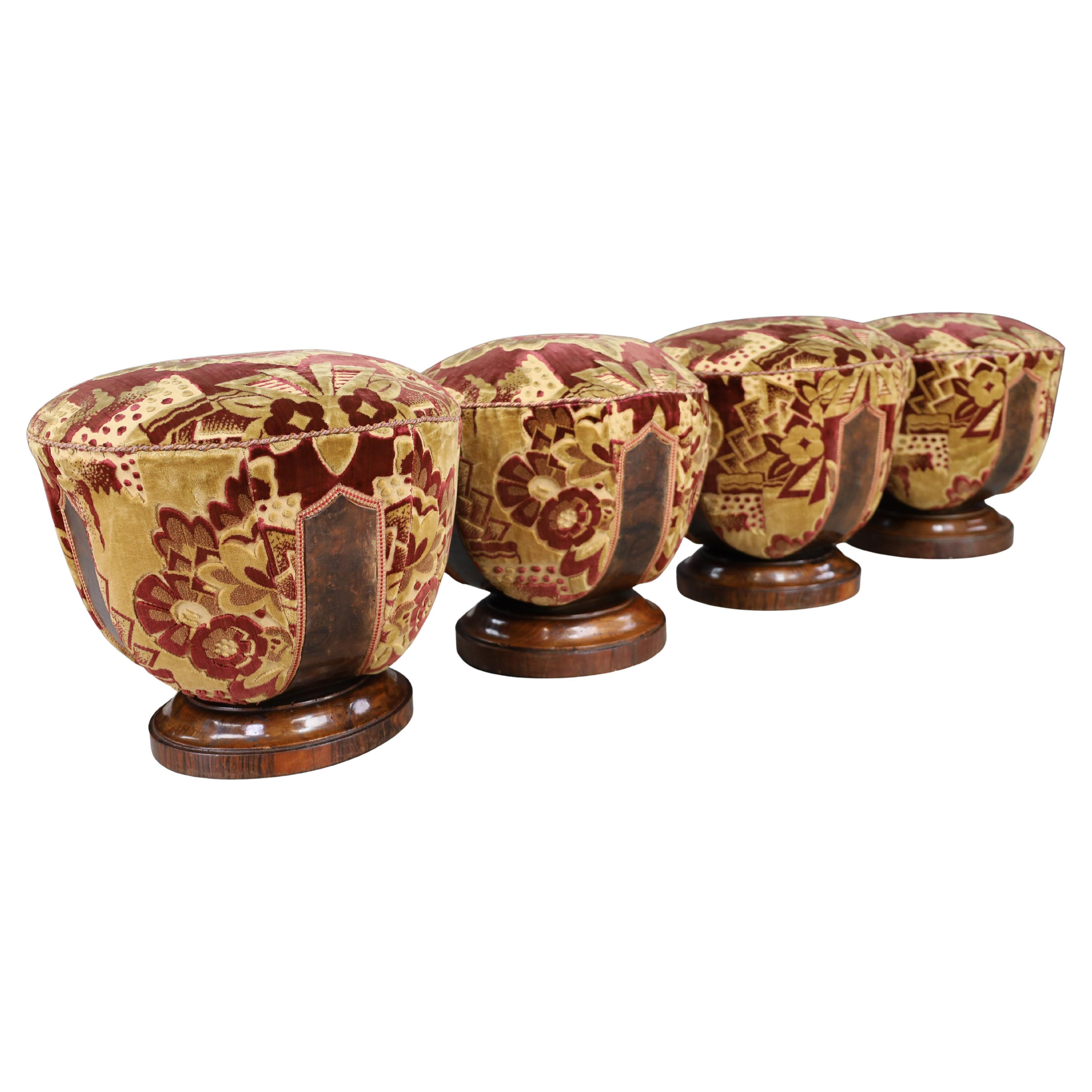 Set of Four Italian Art Deco Walnut and Velvet Poufs, Naples, 1930s For Sale