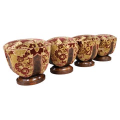 Set of Four Italian Art Deco Walnut and Velvet Poufs, Naples, 1930s