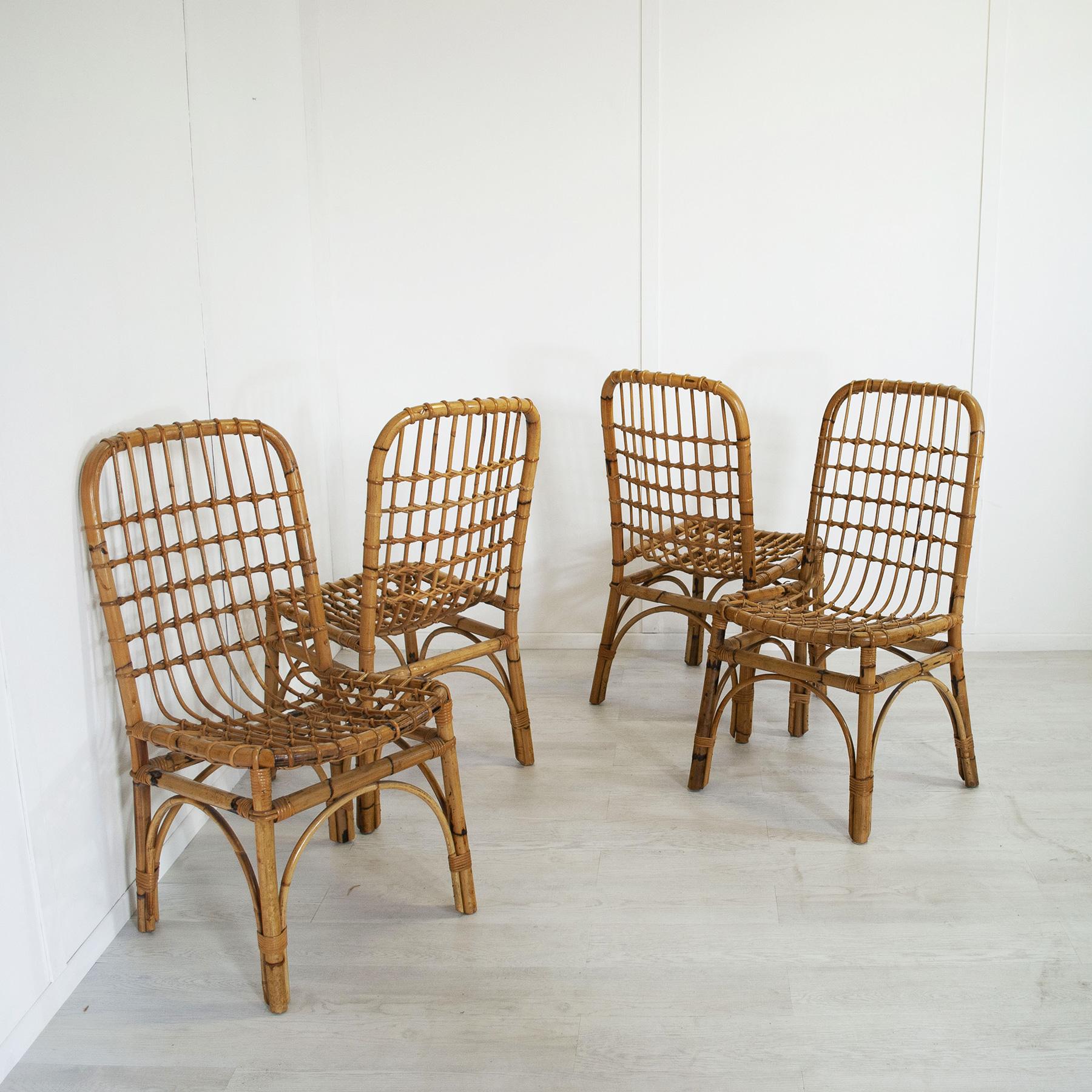 Bamboo Set of four Italian bamboo folding chairs very confortable, mid 60s. For Sale
