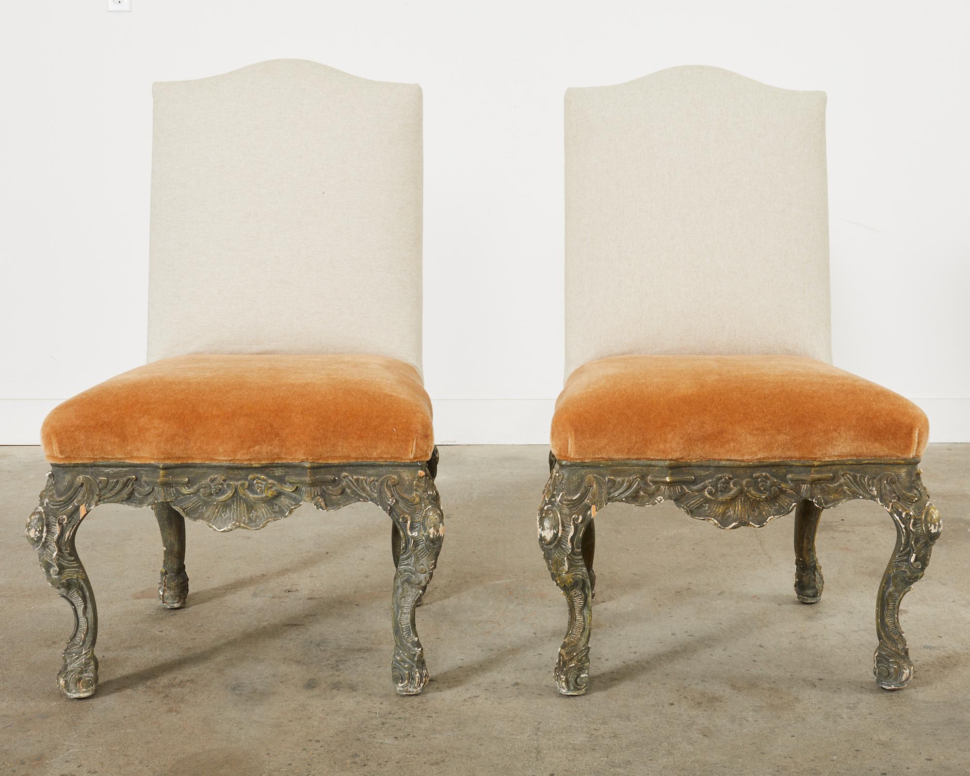 Fabric Set of Four Italian Baroque Style Dining Chairs with Mohair  For Sale