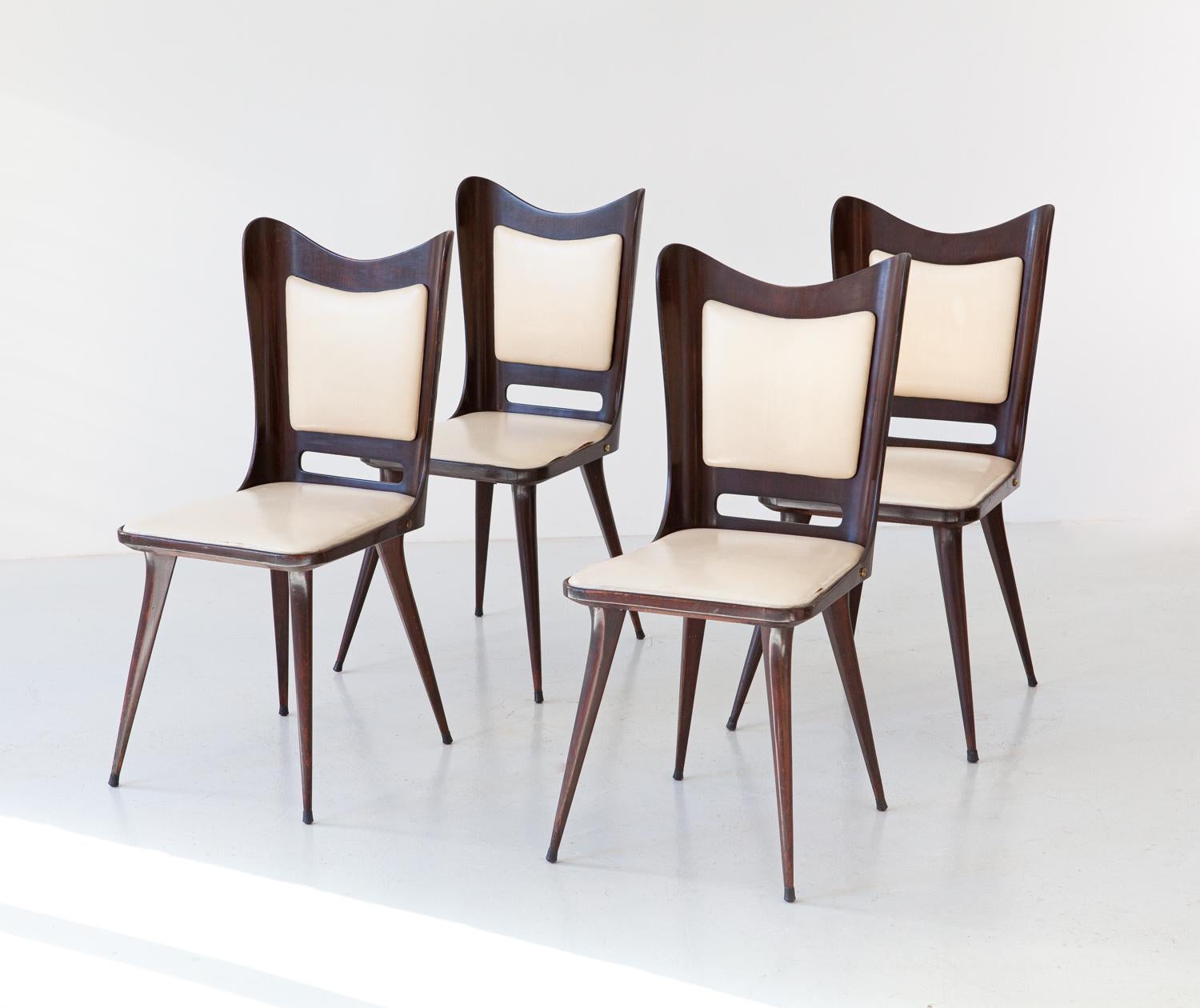 Mid-Century Modern Set of Four Italian Beige Skai and Wood Dining Chairs, 1950s For Sale