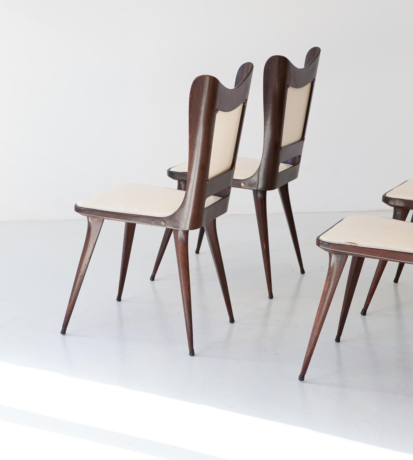 Faux Leather Set of Four Italian Beige Skai and Wood Dining Chairs, 1950s For Sale
