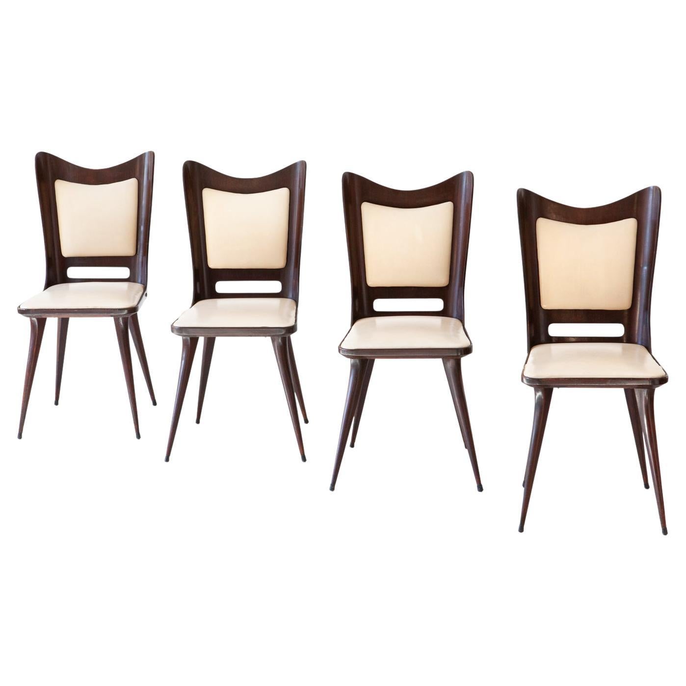 Set of Four Italian Beige Skai and Mahogany Dining Chairs, 1950s