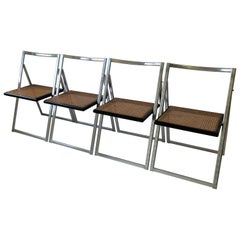 Italian Postmodern Wicker Cane Black Wood and Chrome Chairs, Set of 4