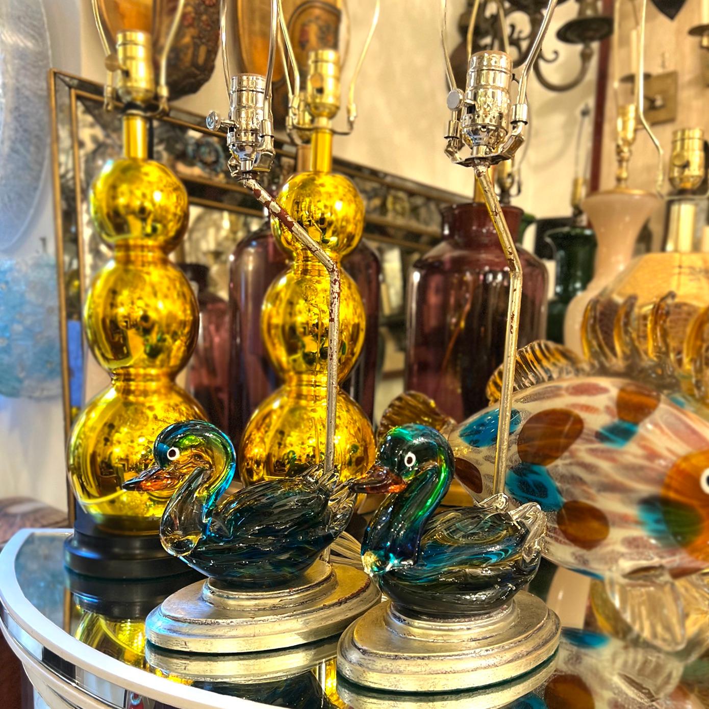 Silvered Pair of Italian Blown Glass Duck lamps. For Sale