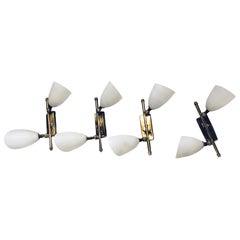 Set of Four Italian Brass and Opaline Glass Sconces in the Manner of Stilnovo