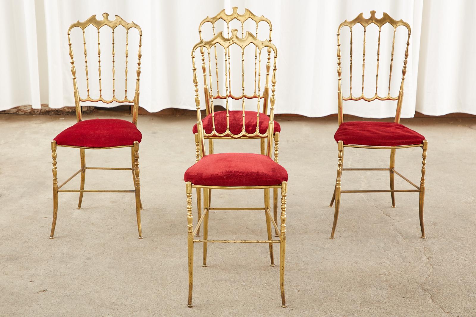 Hollywood Regency Set of Four Italian Brass Chiavari Dining Chairs For Sale