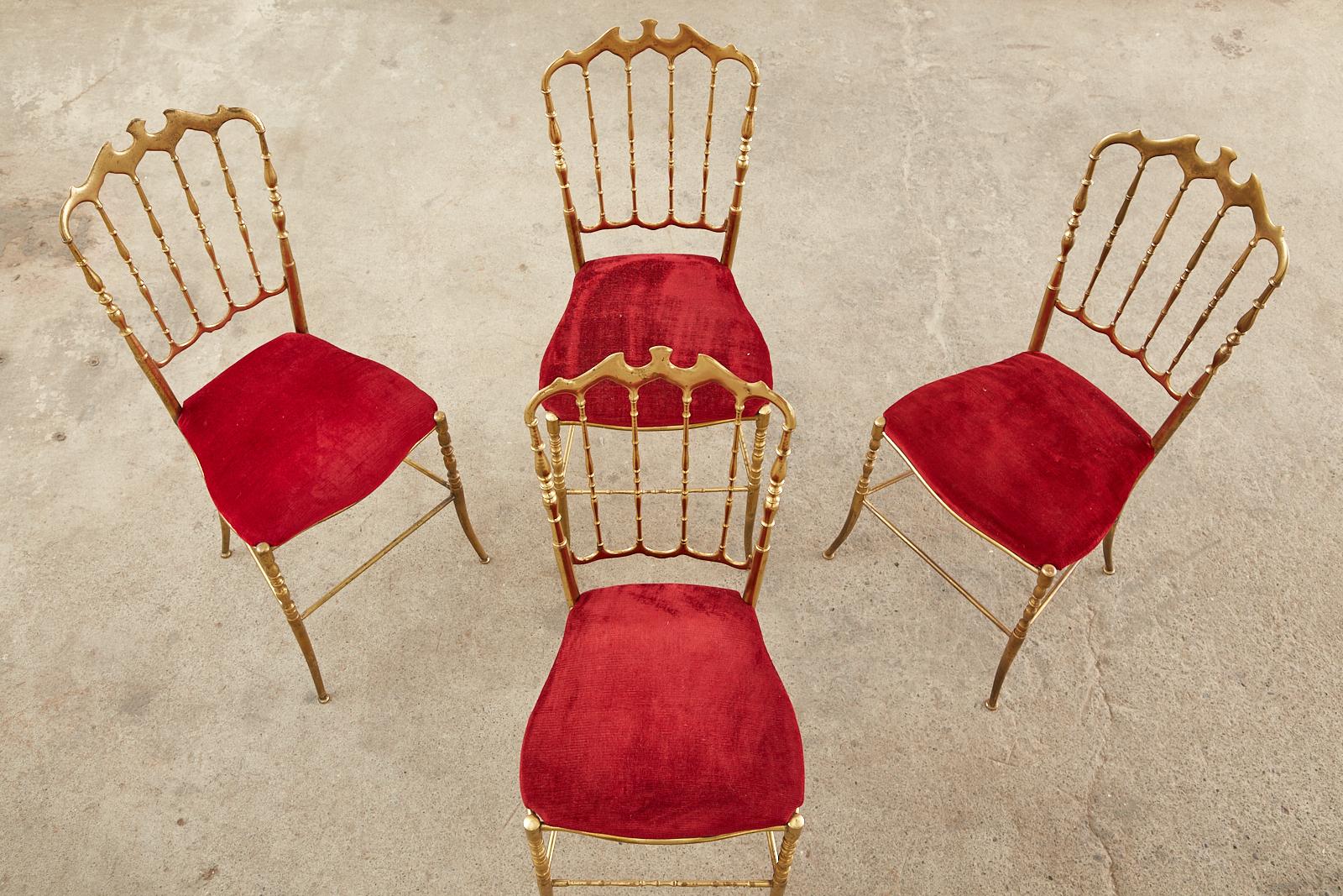 Hand-Crafted Set of Four Italian Brass Chiavari Dining Chairs For Sale