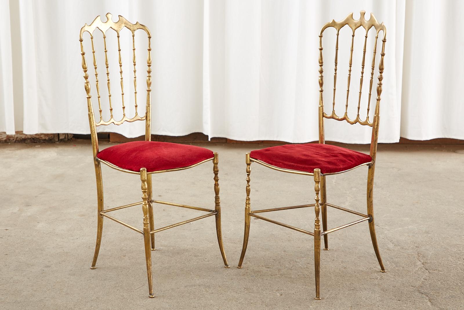 Fabric Set of Four Italian Brass Chiavari Dining Chairs For Sale