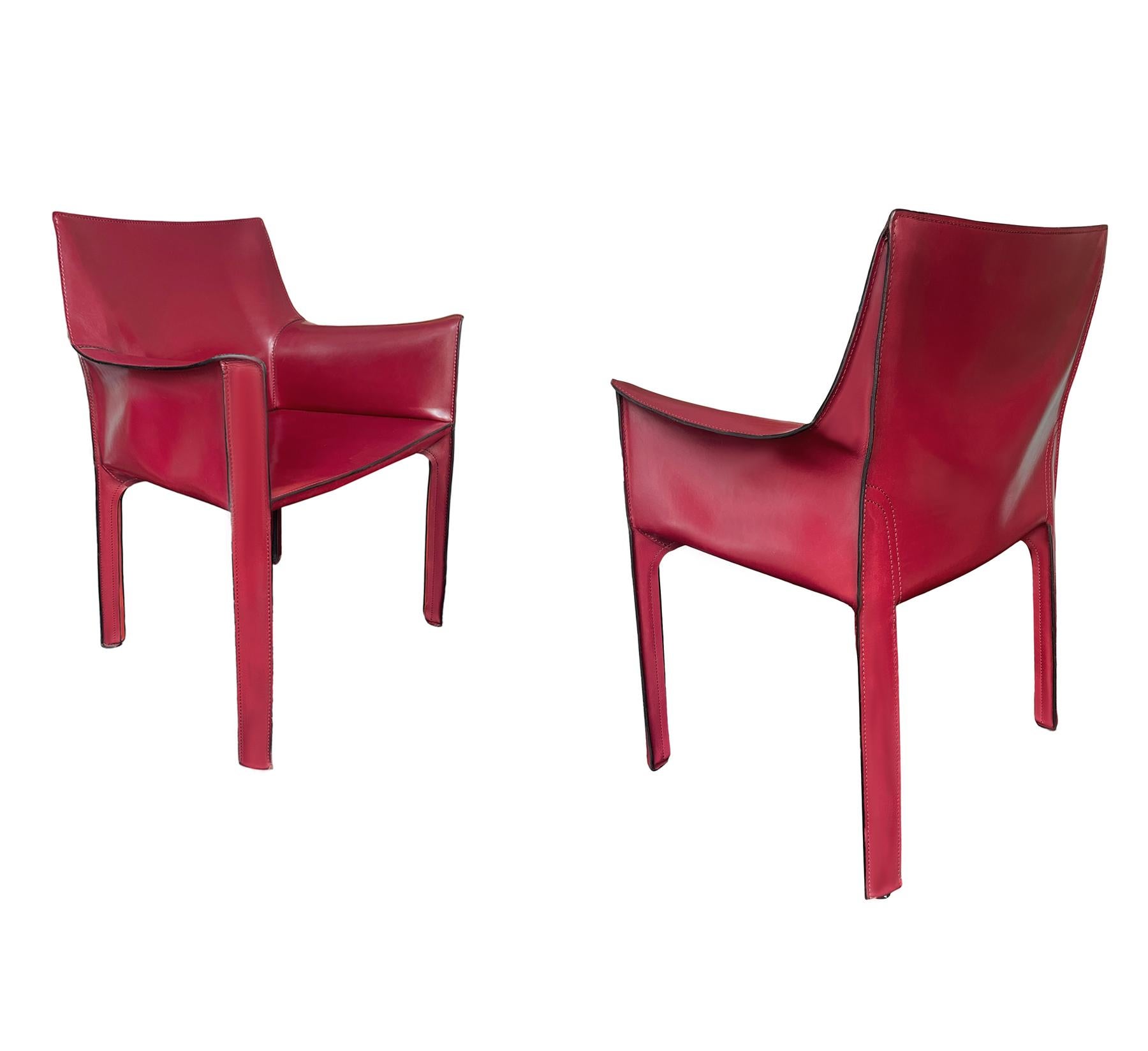 Set of Four Italian Cab Armchairs or Dining Chairs by Mario Bellini Red Leather 5