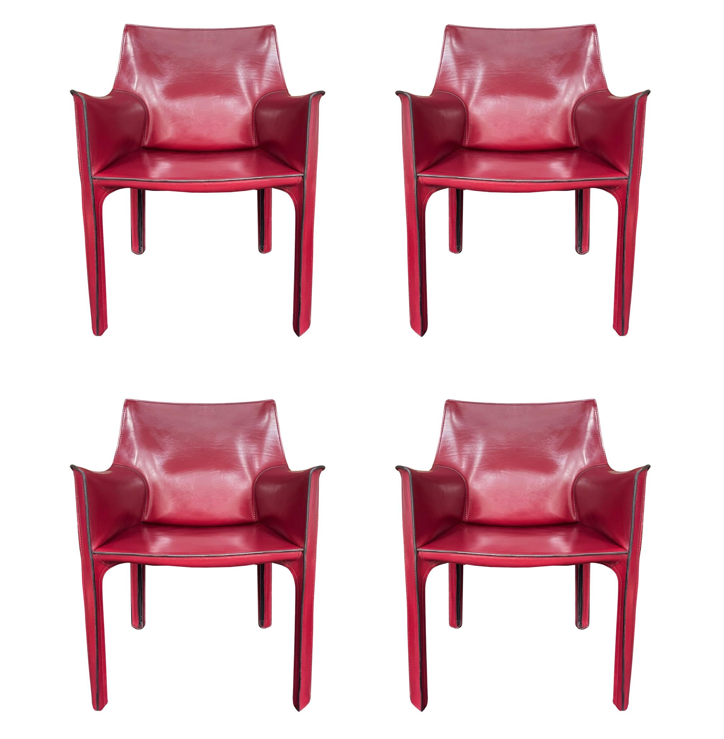 Set of Four Italian Cab Armchairs or Dining Chairs by Mario Bellini Red Leather In Good Condition In Philadelphia, PA