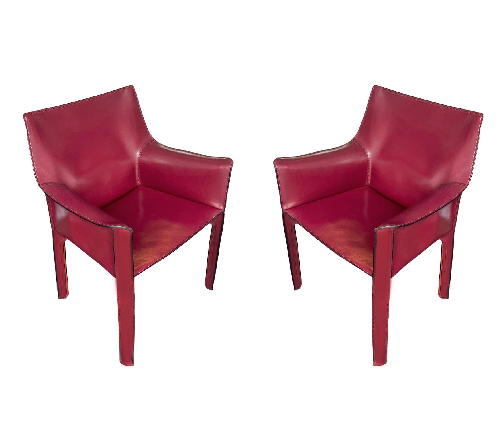 Set of Four Italian Cab Armchairs or Dining Chairs by Mario Bellini Red Leather 1