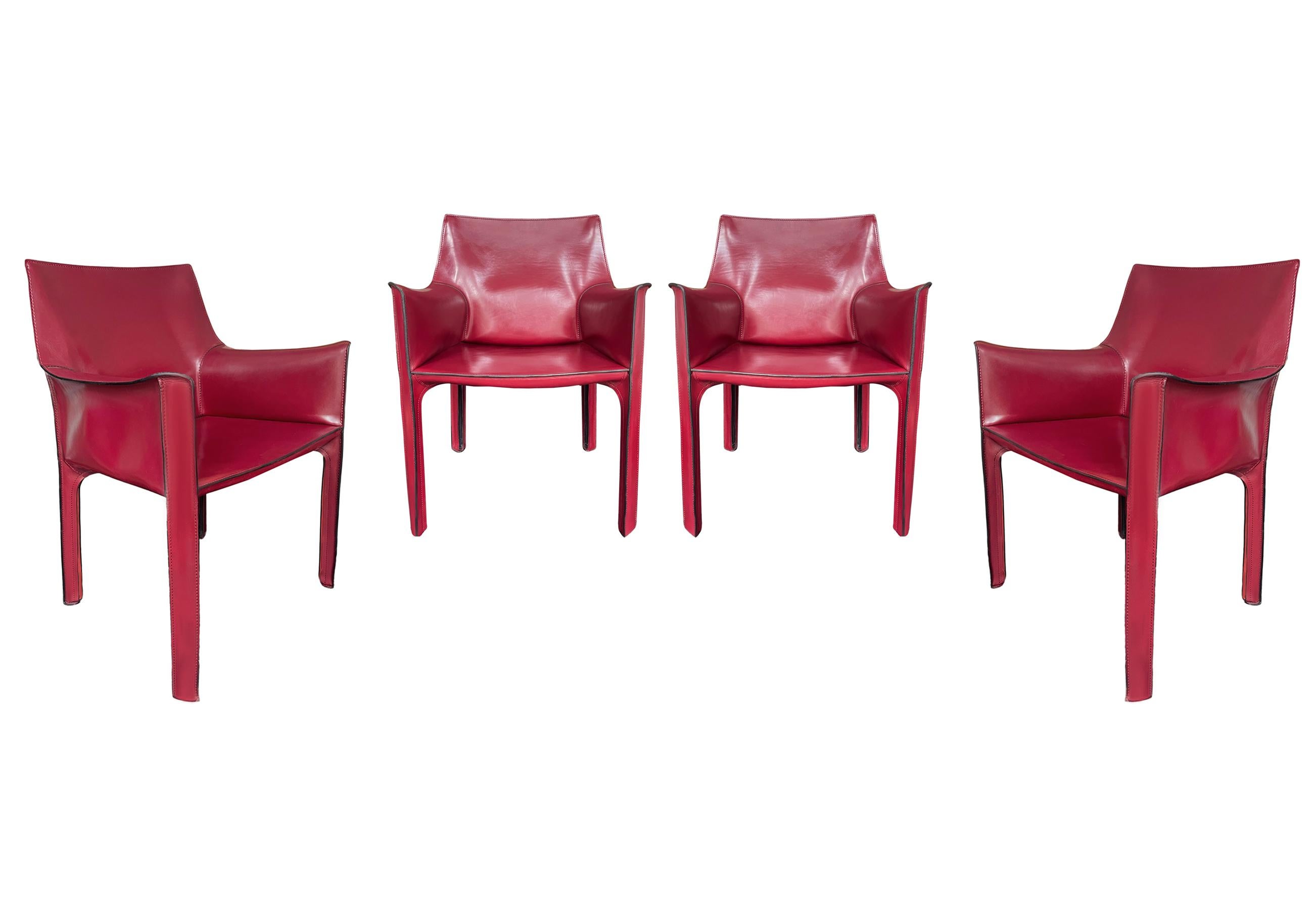 Set of Four Italian Cab Armchairs or Dining Chairs by Mario Bellini Red Leather 2