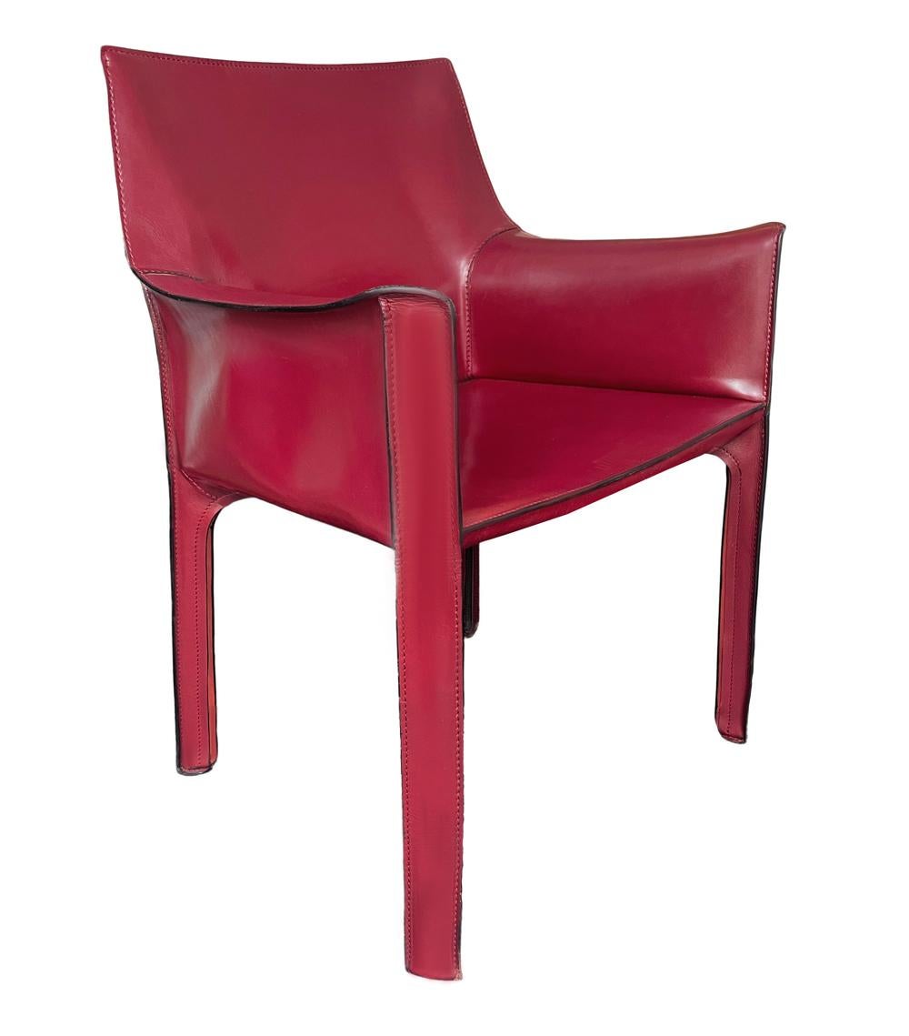 Set of Four Italian Cab Armchairs or Dining Chairs by Mario Bellini Red Leather 4