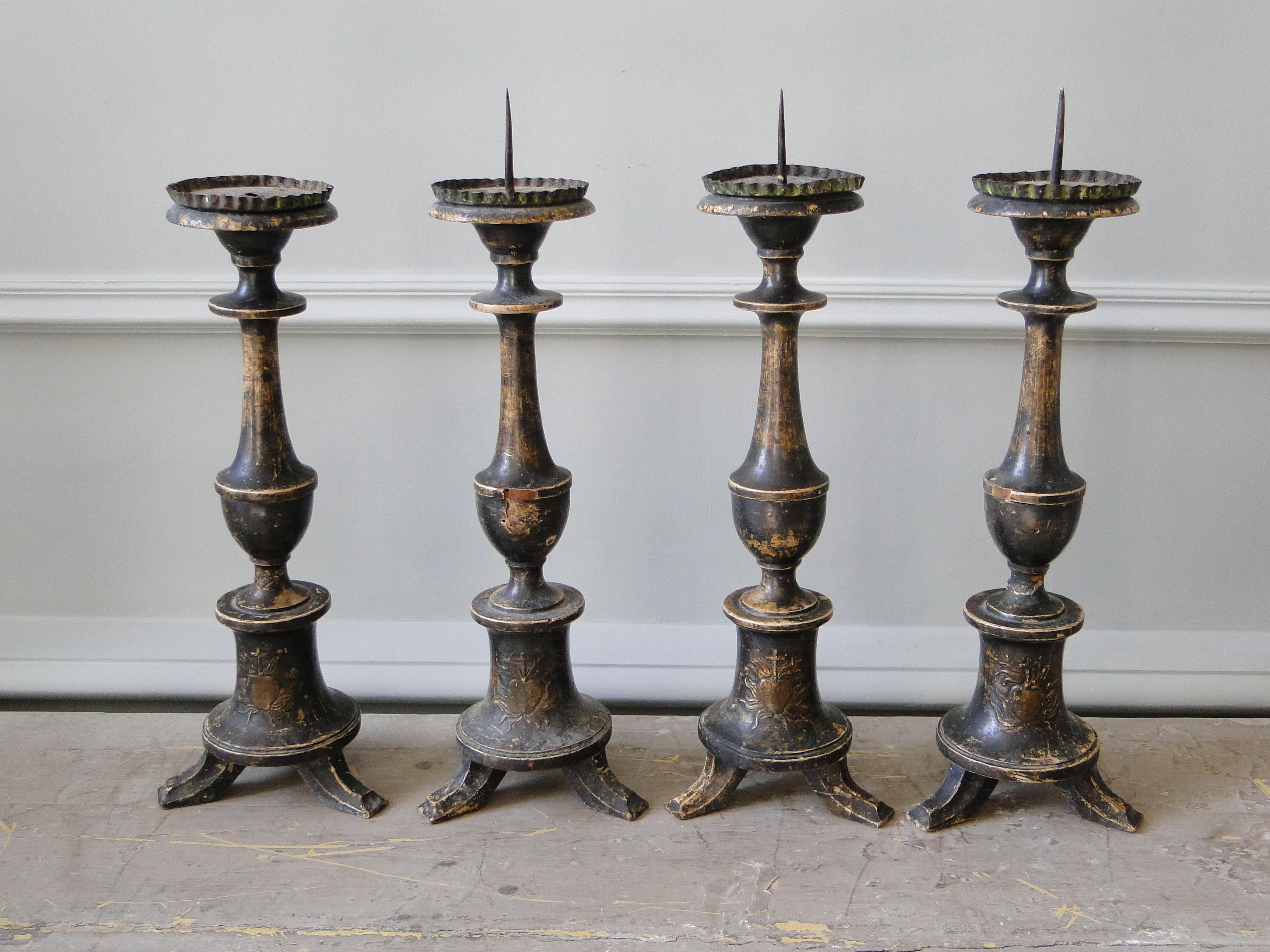 Beautiful set of four, 18th century Italian candlesticks with carved heart 
