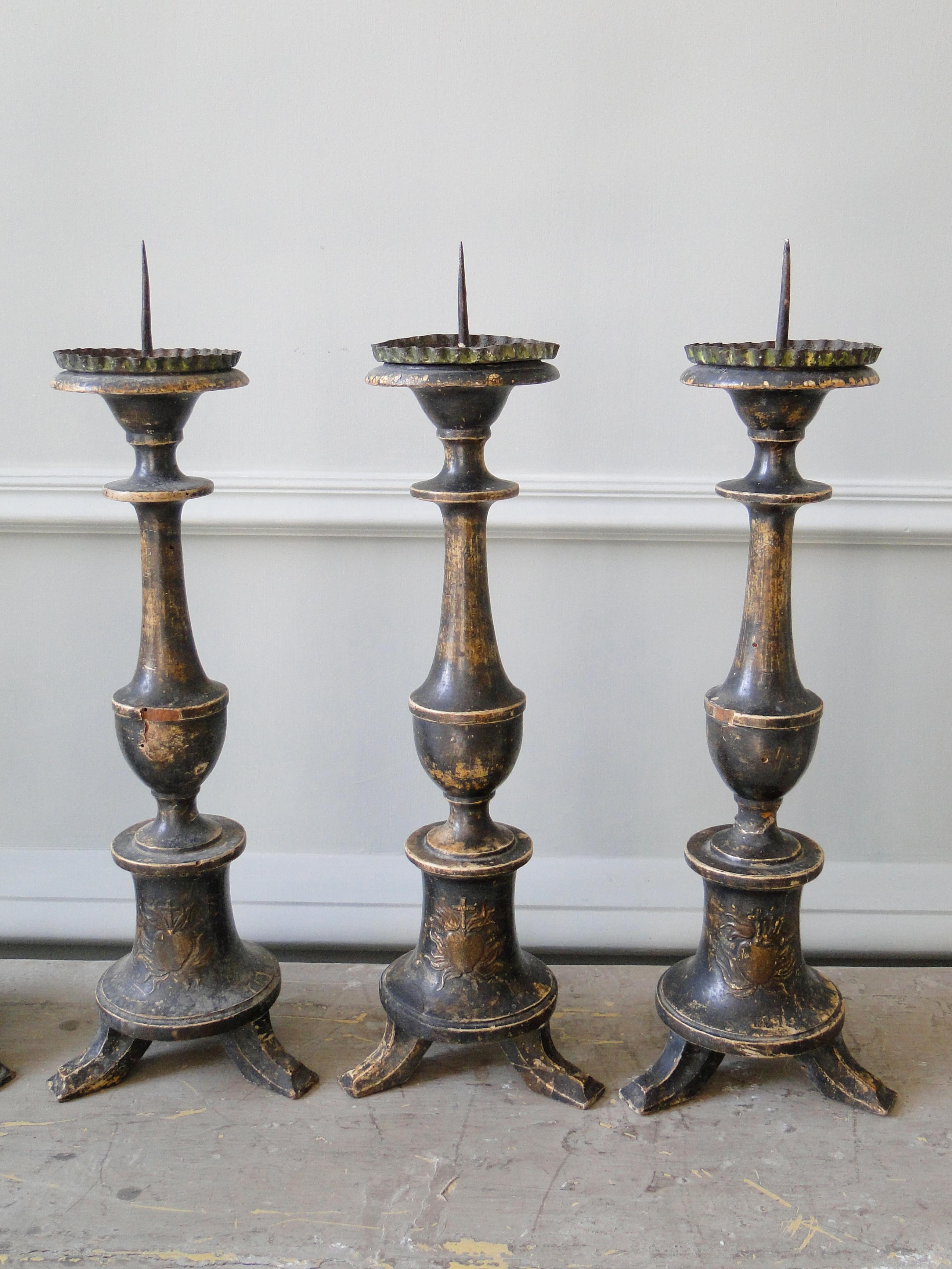 Giltwood Set of Four Italian Candlesticks Blackened Silvered, 18th Century For Sale