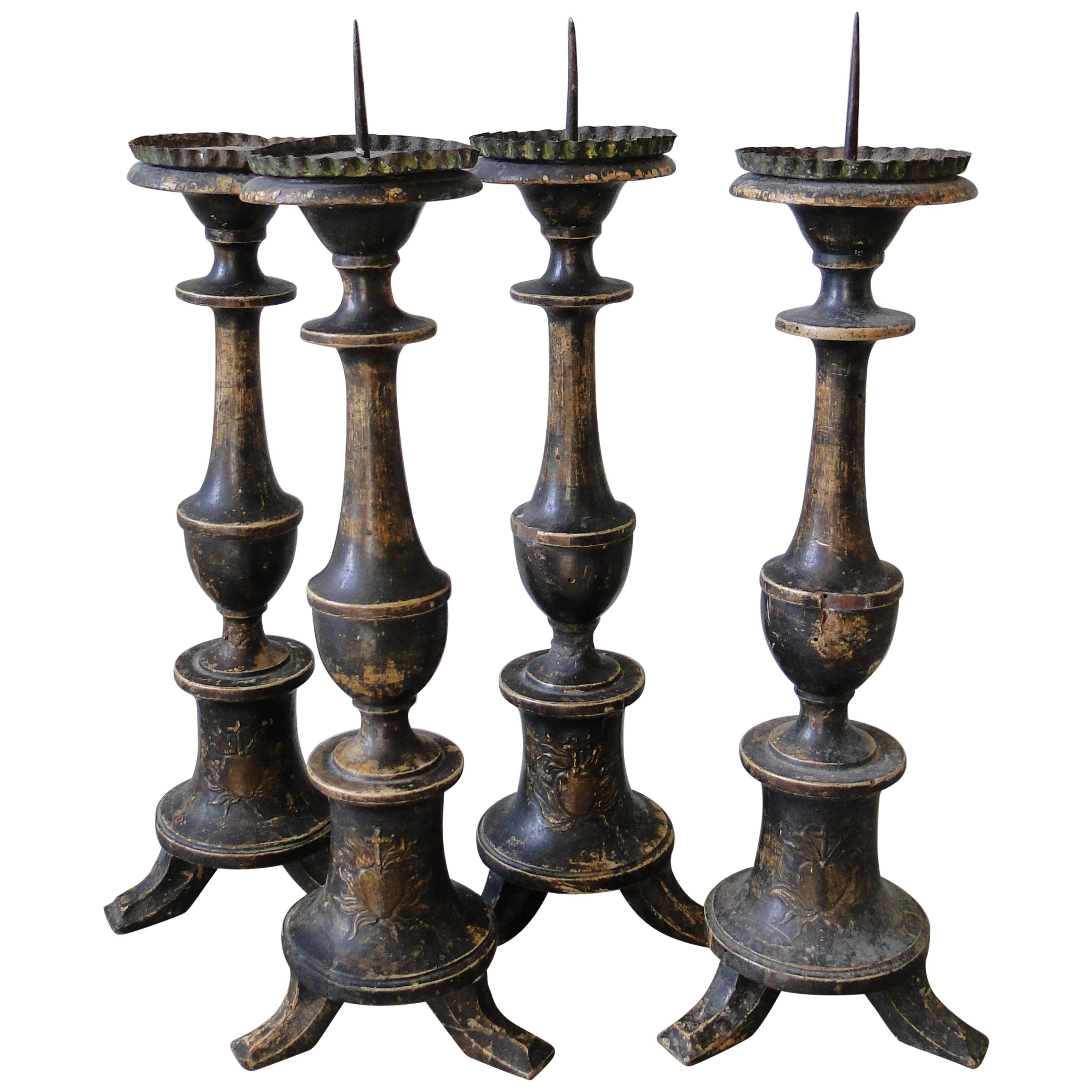 Set of Four Italian Candlesticks Blackened Silvered, 18th Century For Sale