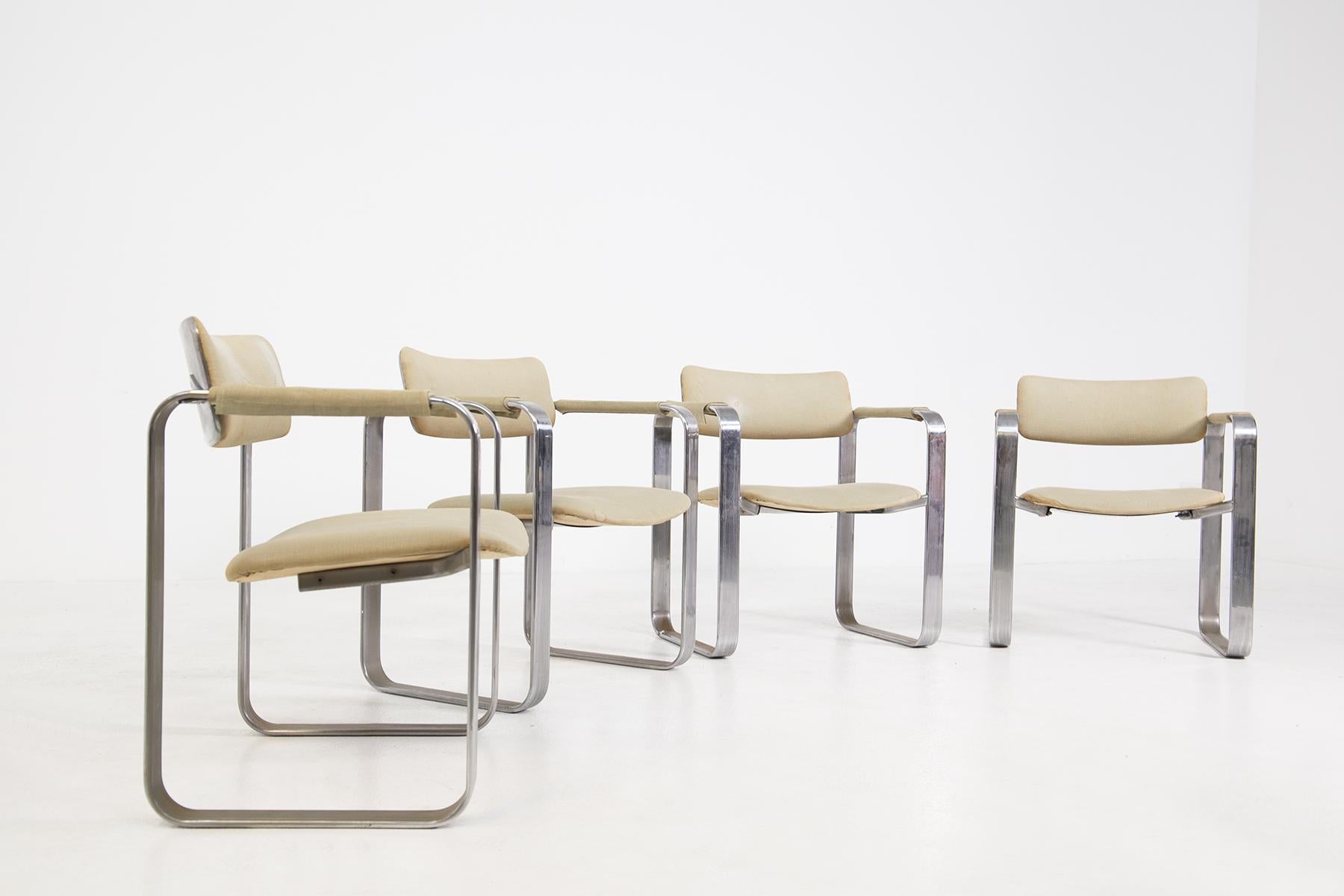 Mid-Century Modern Set of Four Italian Chair Attributed to Giuseppe Pagano in Steel and Fabric