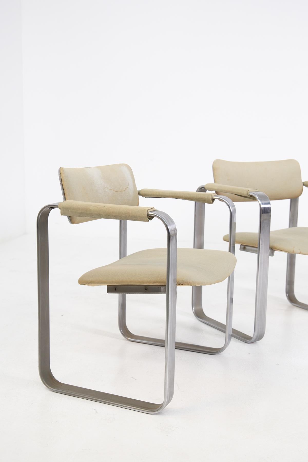 Mid-20th Century Set of Four Italian Chair Attributed to Giuseppe Pagano in Steel and Fabric